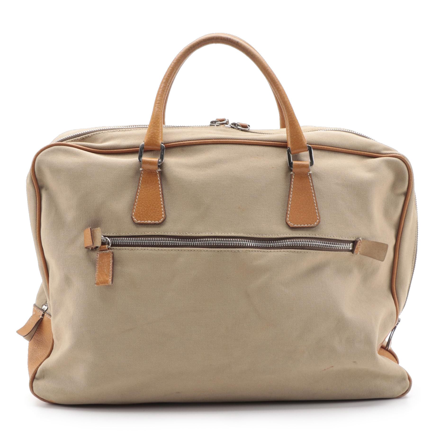 Prada Zippered Briefcase Bag in Canapa Canvas with Leather Trim