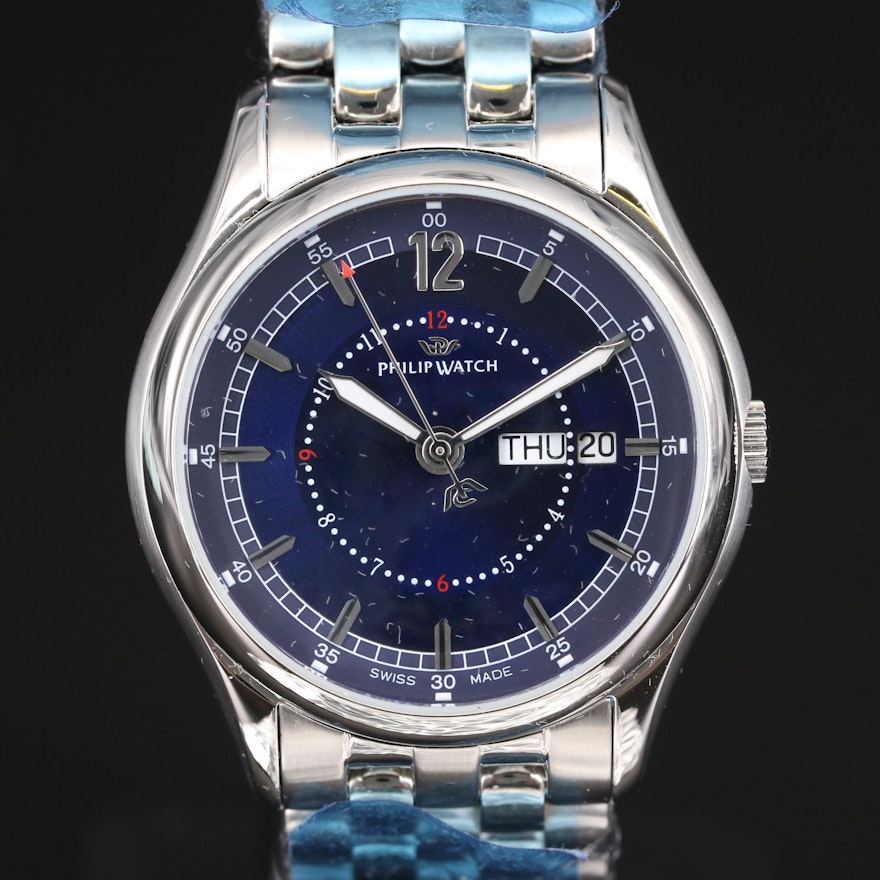 Philip Watch Day-Date Stainless Steel Quartz Wristwatch