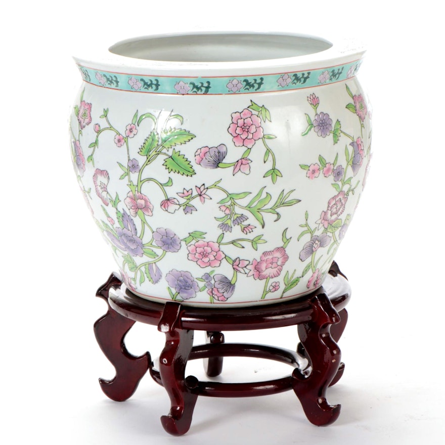 Chinese Floral Ceramic Fish Bowl Planter with Wooden Stand, Late 20th Century