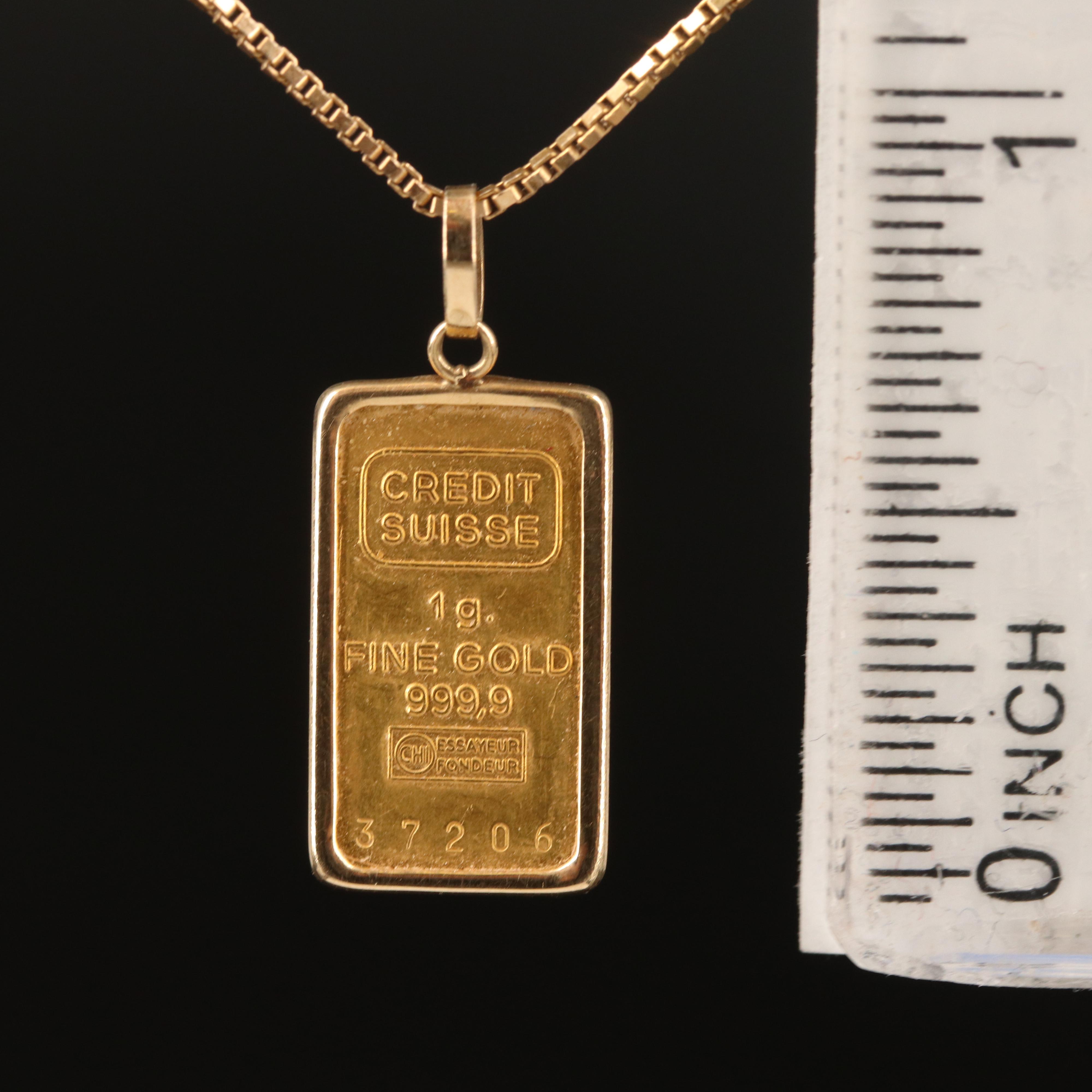 14K Necklace with Credit Suisse 1-gram Gold Ingot Pendant