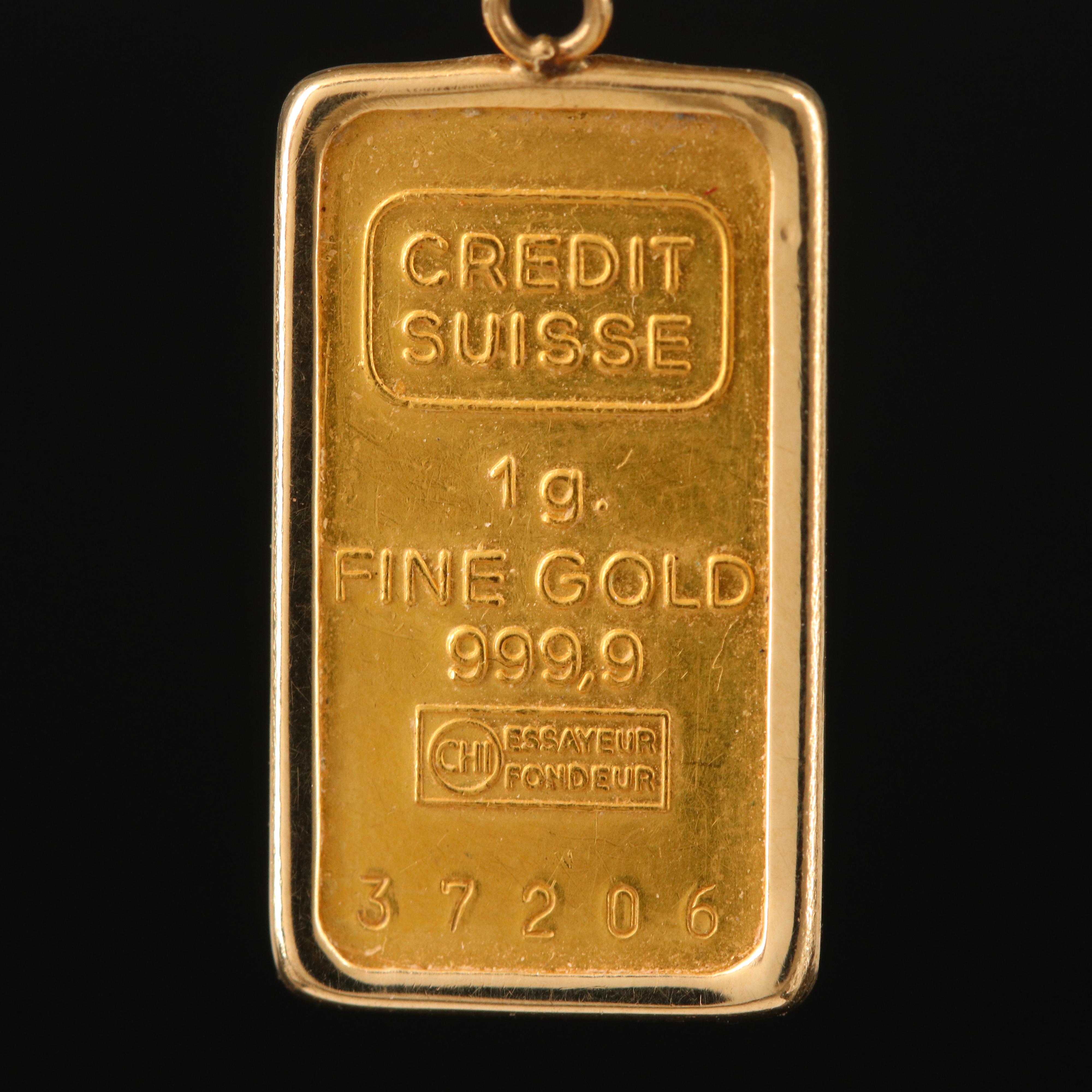 14K Necklace with Credit Suisse 1-gram Gold Ingot Pendant