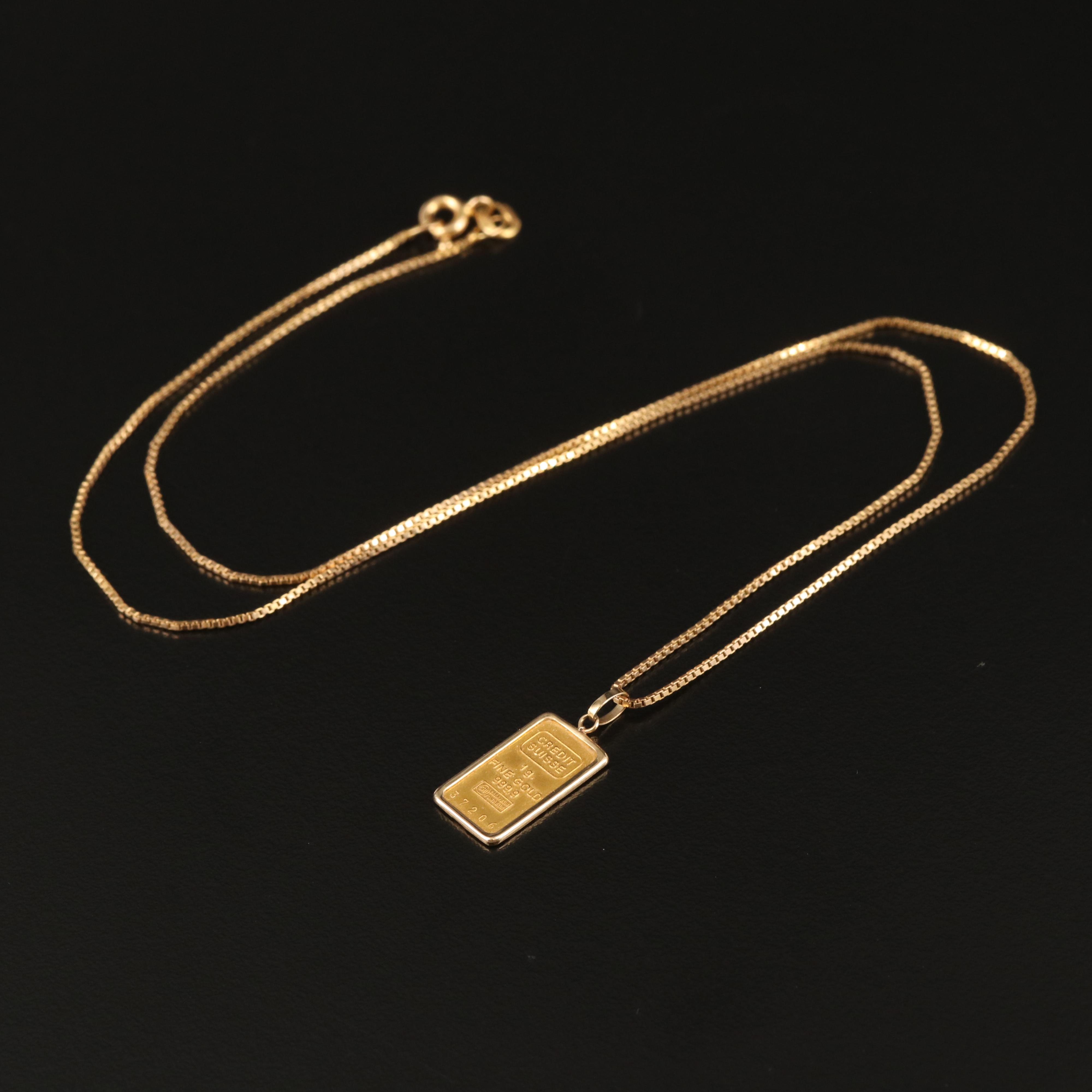 14K Necklace with Credit Suisse 1-gram Gold Ingot Pendant