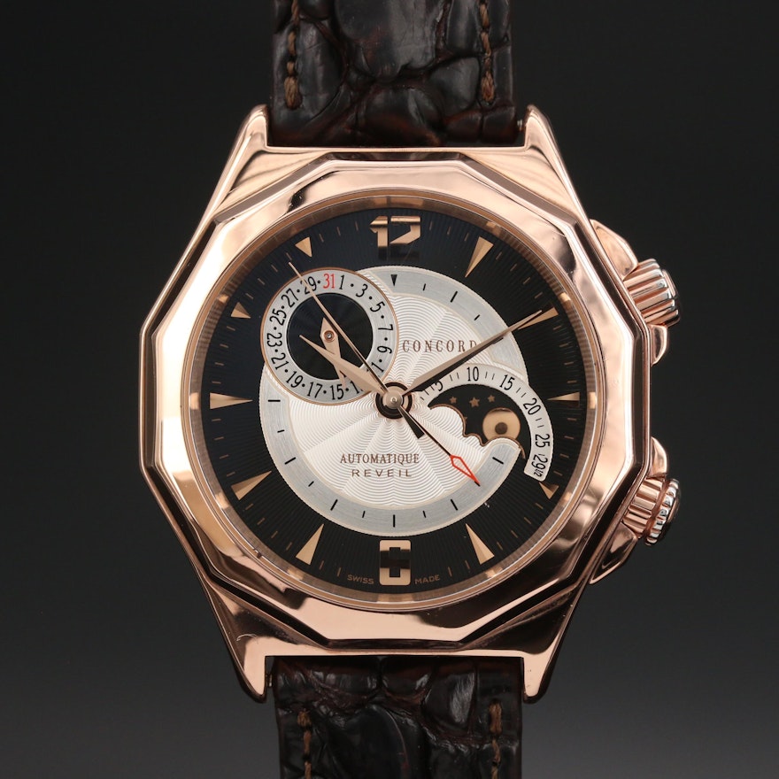 Concord Mariner Reveil Alarm Moonphase 18K Rose Gold Wristwatch