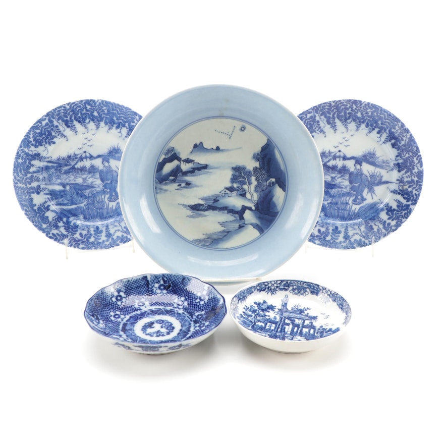 Worcester "Classical Ruins" Dish with Other East Asian Blue and White Tableware