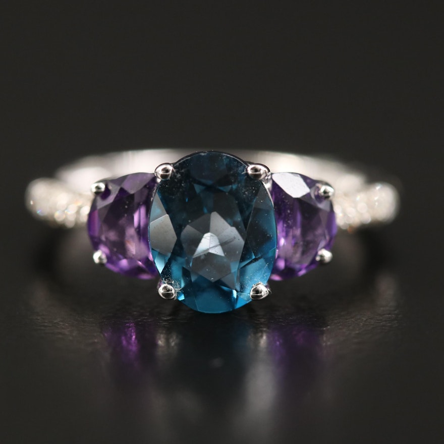 Sterling Topaz and Amethyst Ring with Pavé Diamond Shoulders