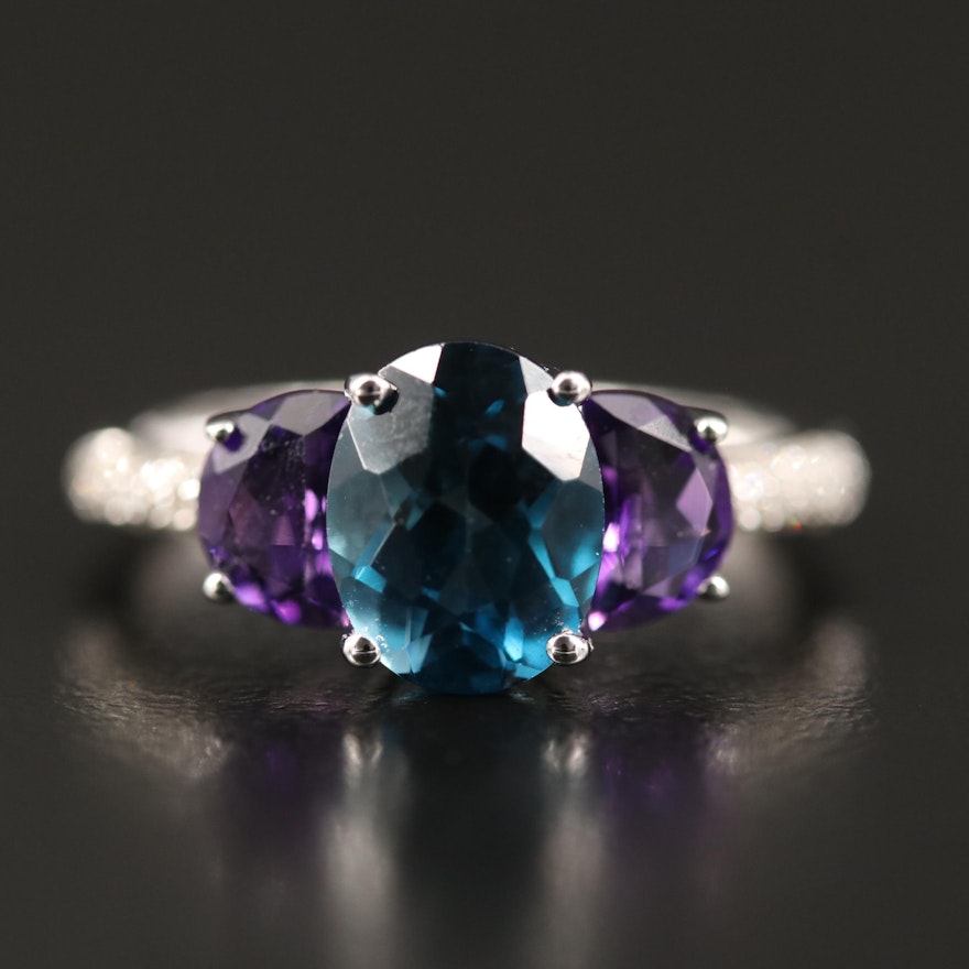 Sterling Topaz and Amethyst Ring with Pavé Diamond Shoulders