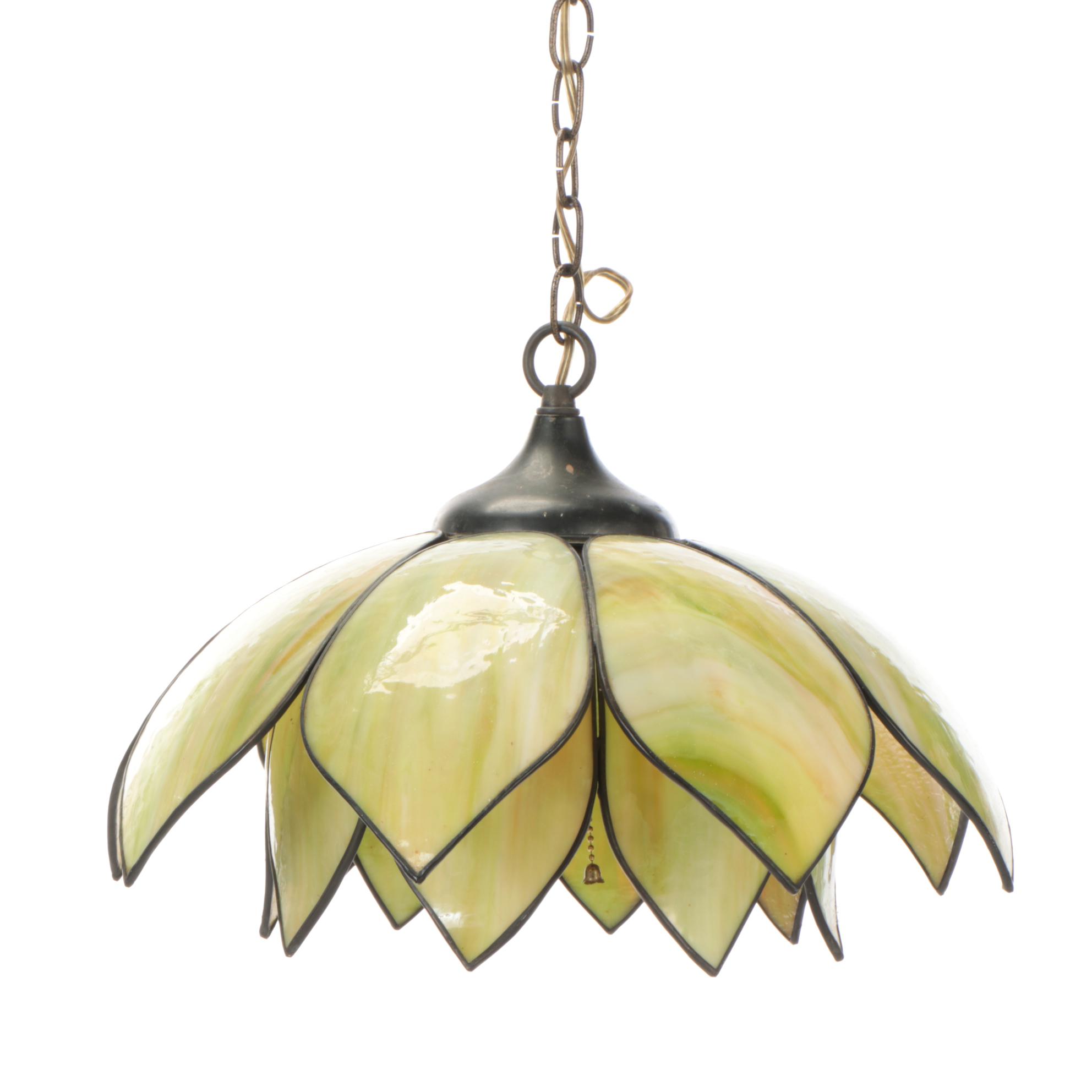 Green Slag Glass Double Lotus Hanging Pendant, Mid-20th Century