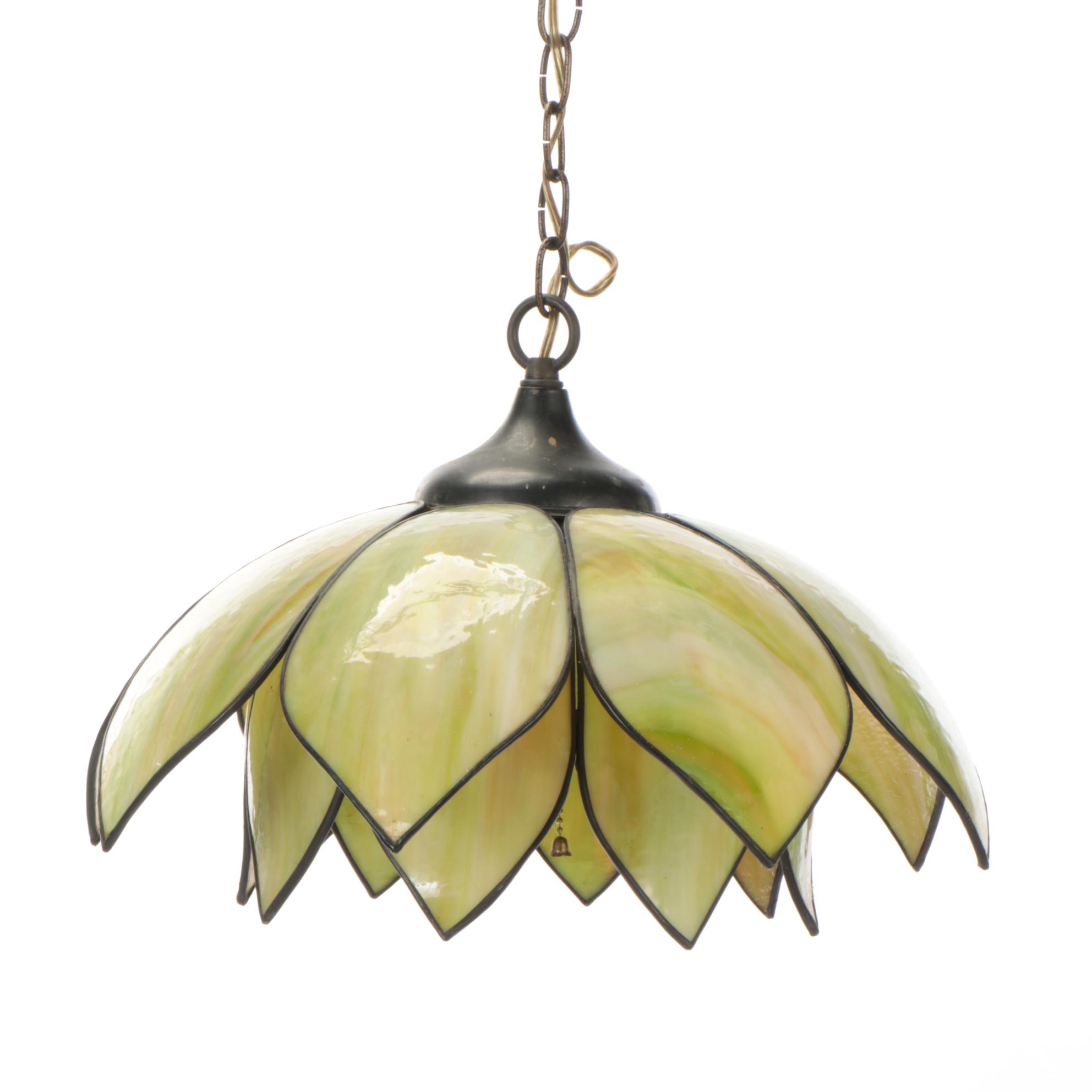 Green Slag Glass Double Lotus Hanging Pendant, Mid-20th Century