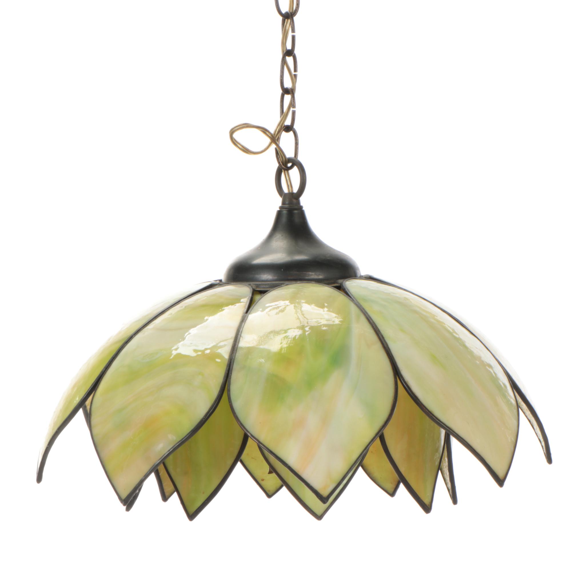 Green Slag Glass Double Lotus Hanging Pendant, Mid-20th Century