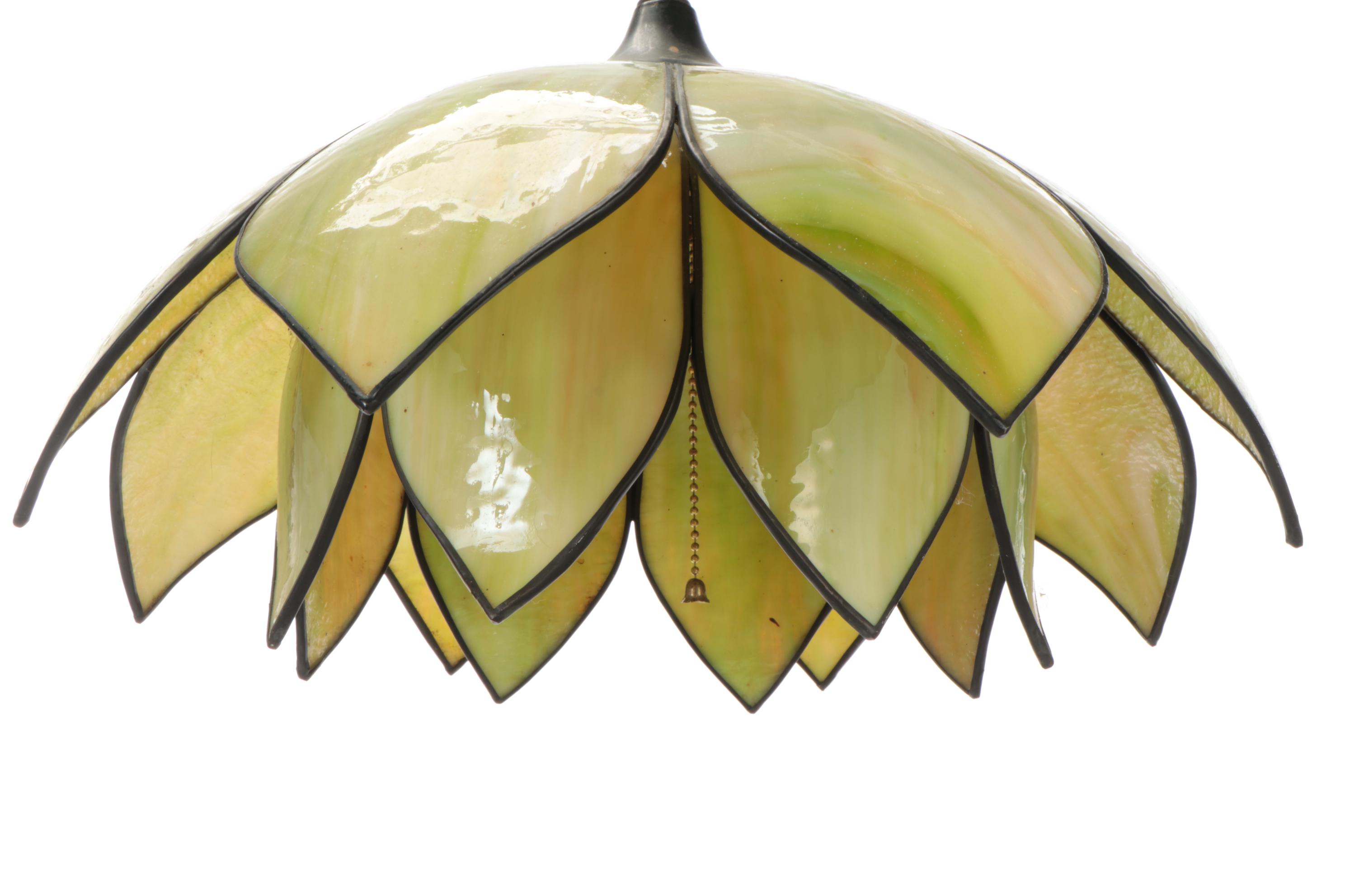 Green Slag Glass Double Lotus Hanging Pendant, Mid-20th Century