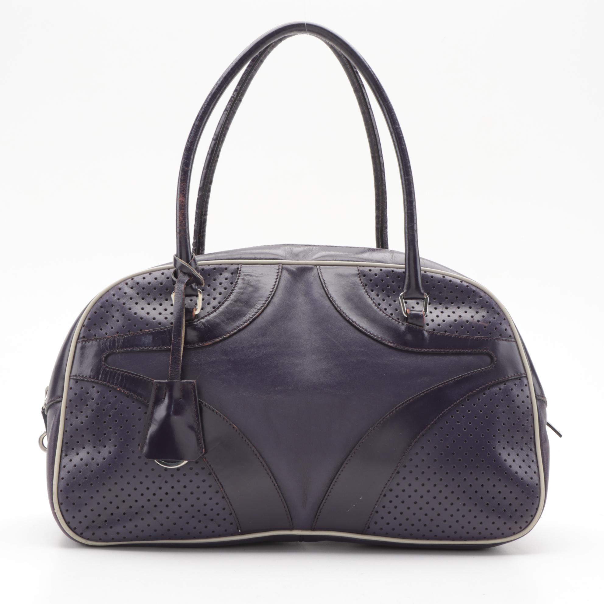 Prada Bowling Bag in Dark Purple Smooth and Perforated Leather