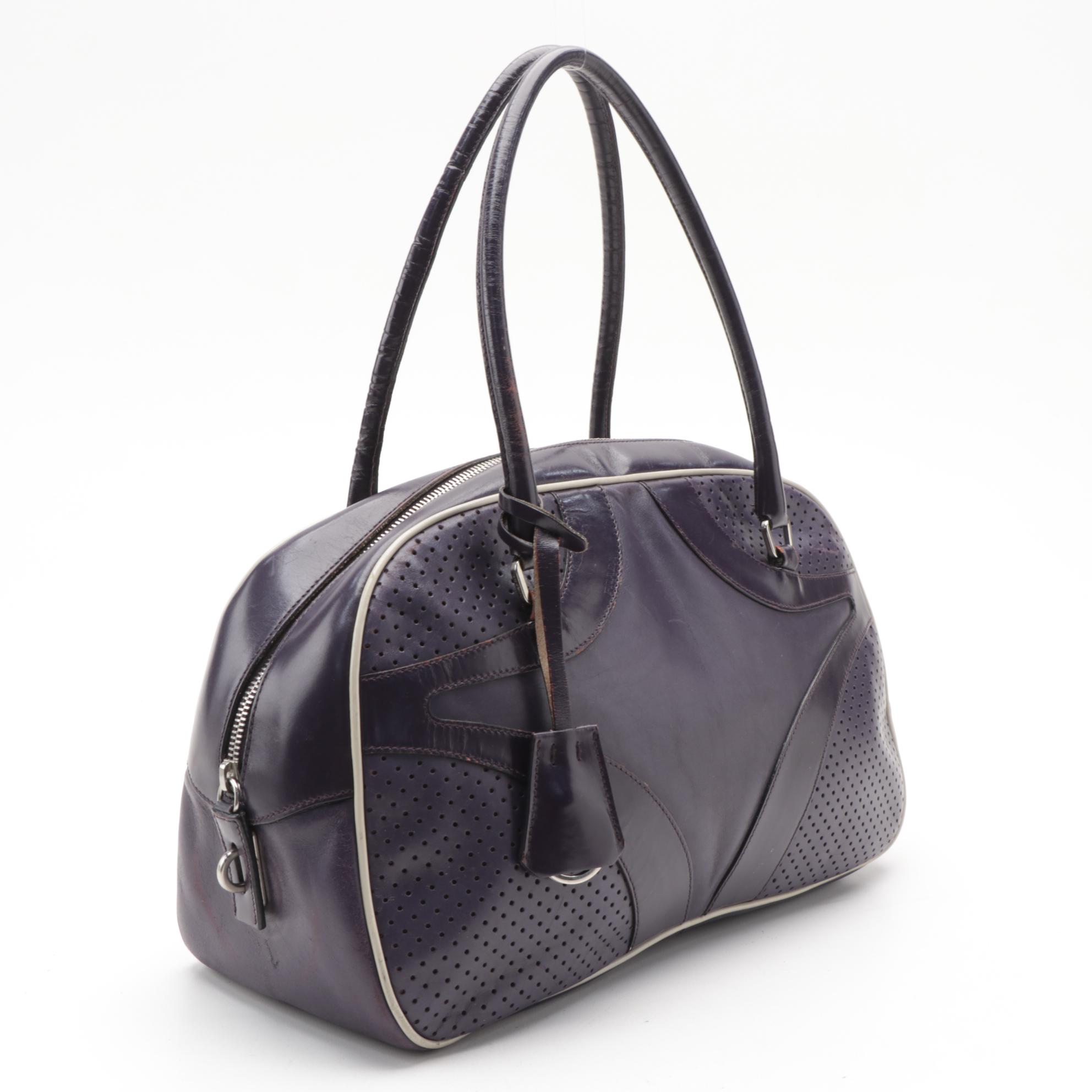 Prada Bowling Bag in Dark Purple Smooth and Perforated Leather