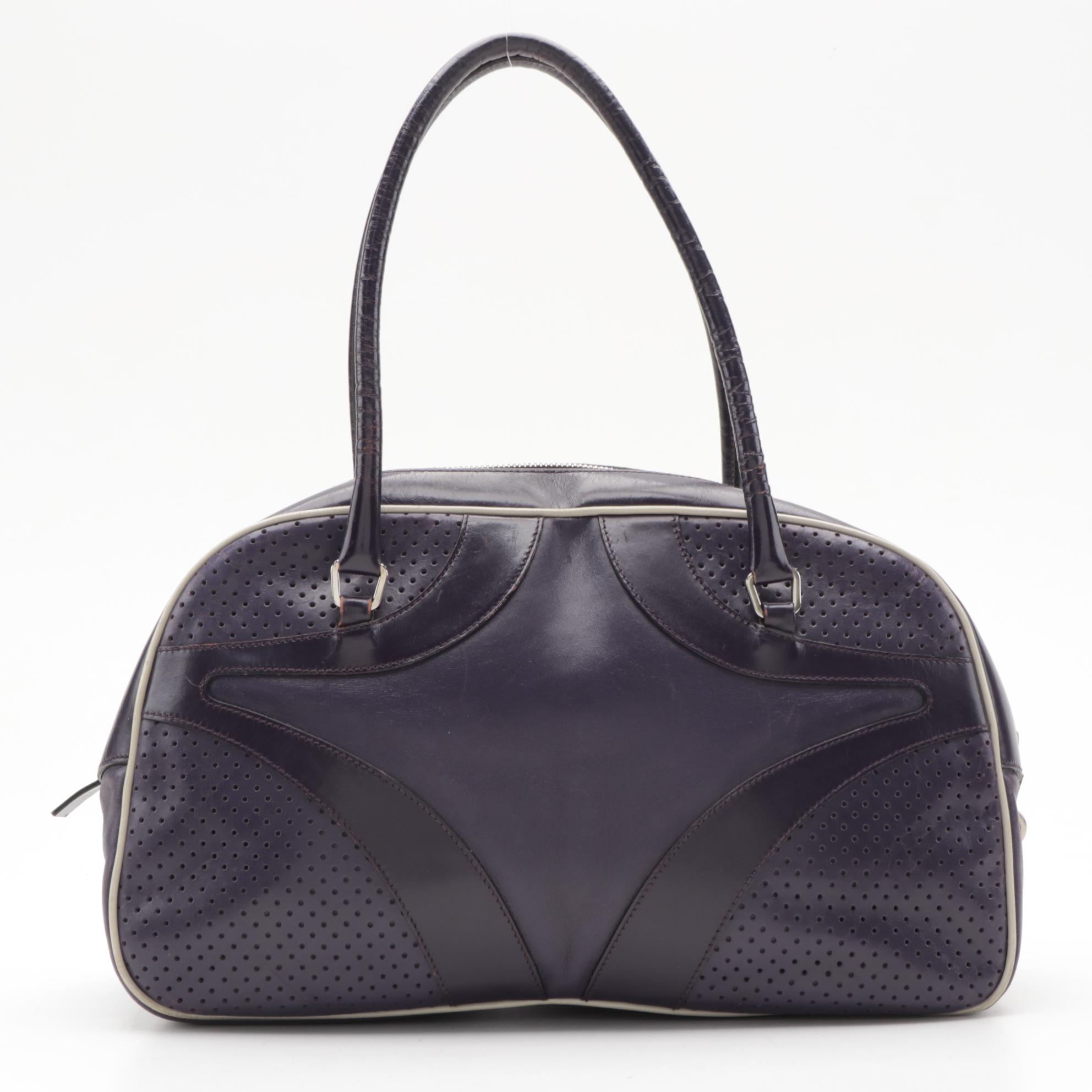 Prada Bowling Bag in Dark Purple Smooth and Perforated Leather