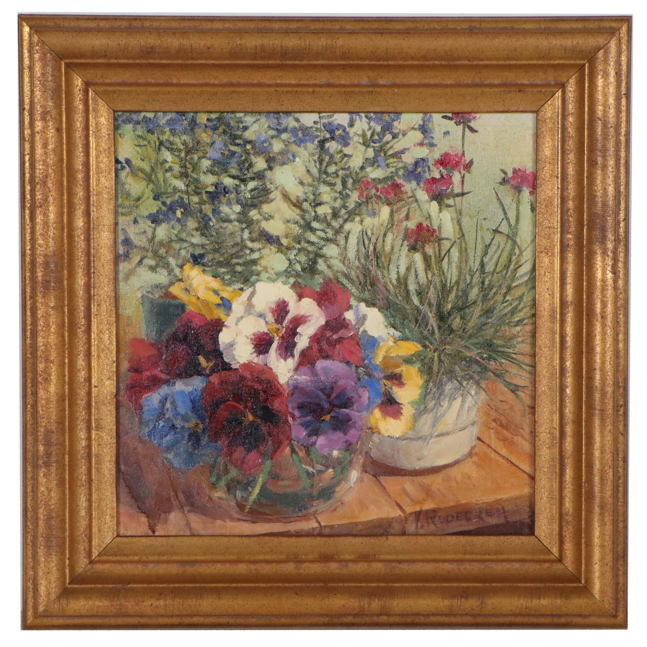 Virginia Rodecker Jarboe Oil Painting "Pansies, Chives and Dill"