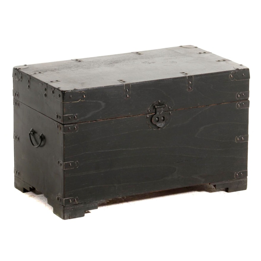 Chinese Style Ebonized Wood Chest with Stamped Metal Mounts