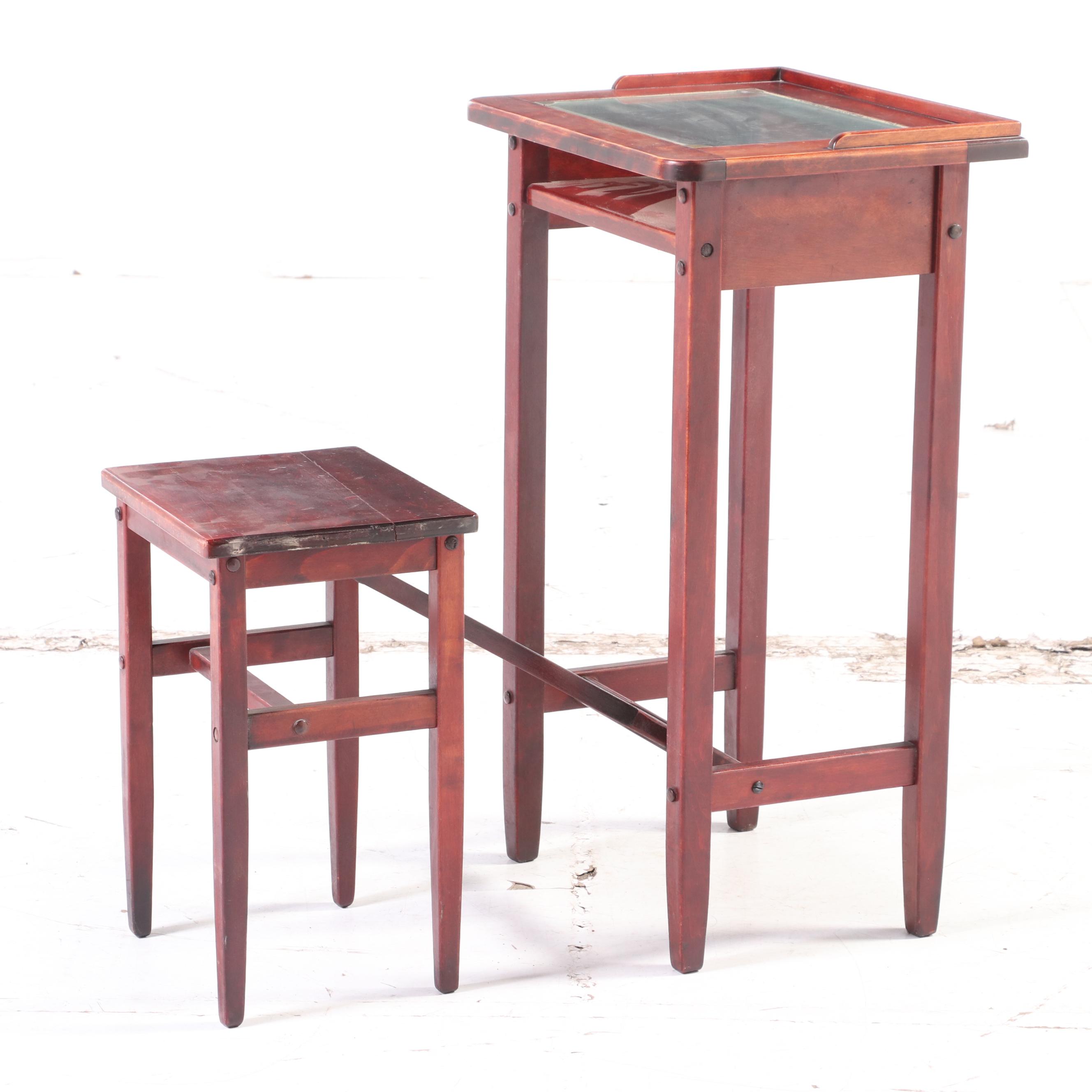 H.T. Cushman Mfg. Co. "Betumal" Birch and Glass Top Telephone Table with Stool