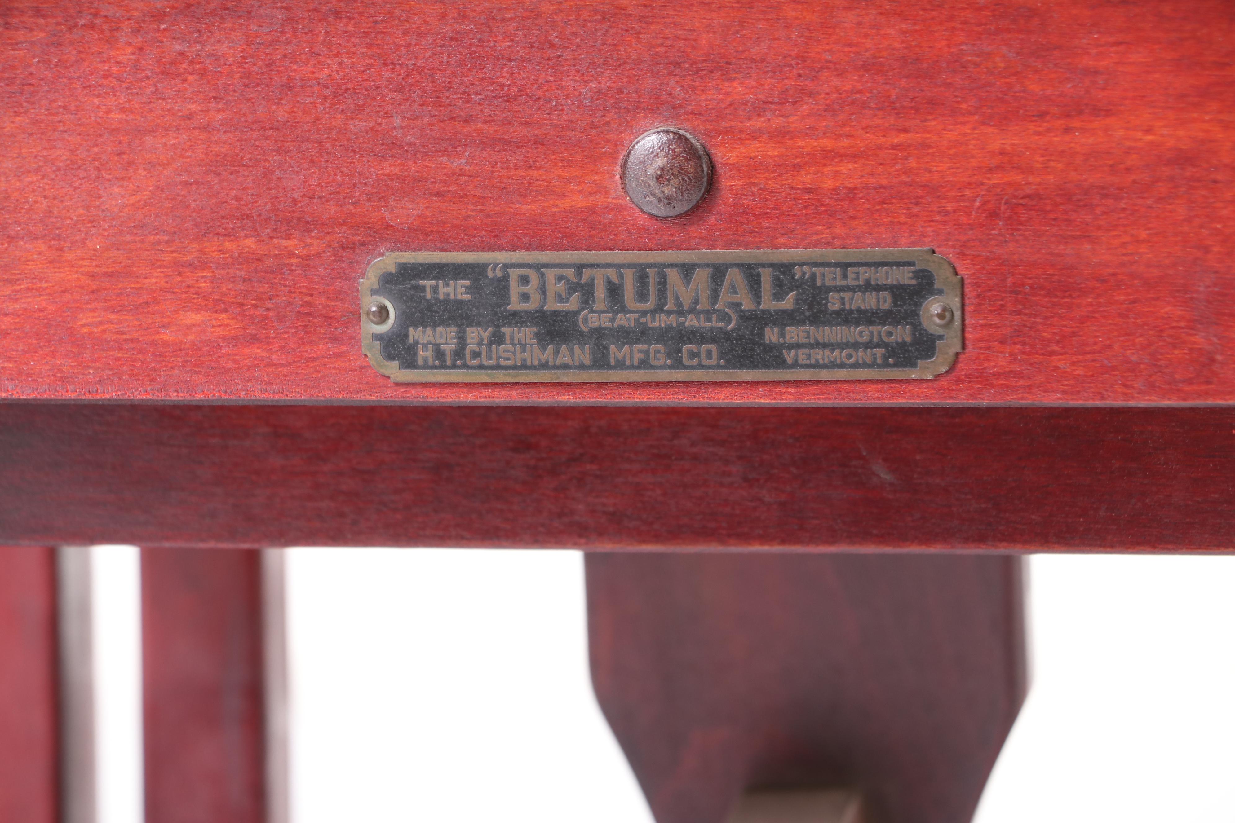 H.T. Cushman Mfg. Co. "Betumal" Birch and Glass Top Telephone Table with Stool