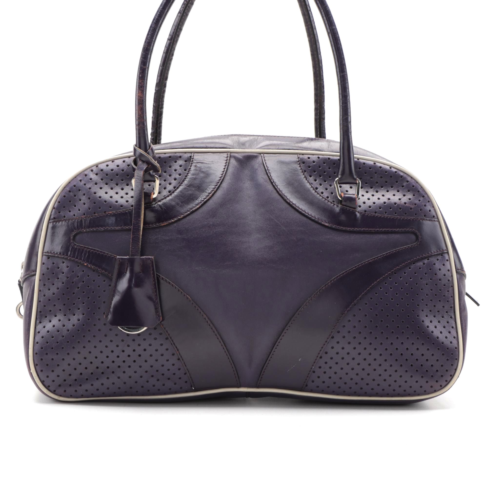 Prada Bowling Bag in Dark Purple Smooth and Perforated Leather