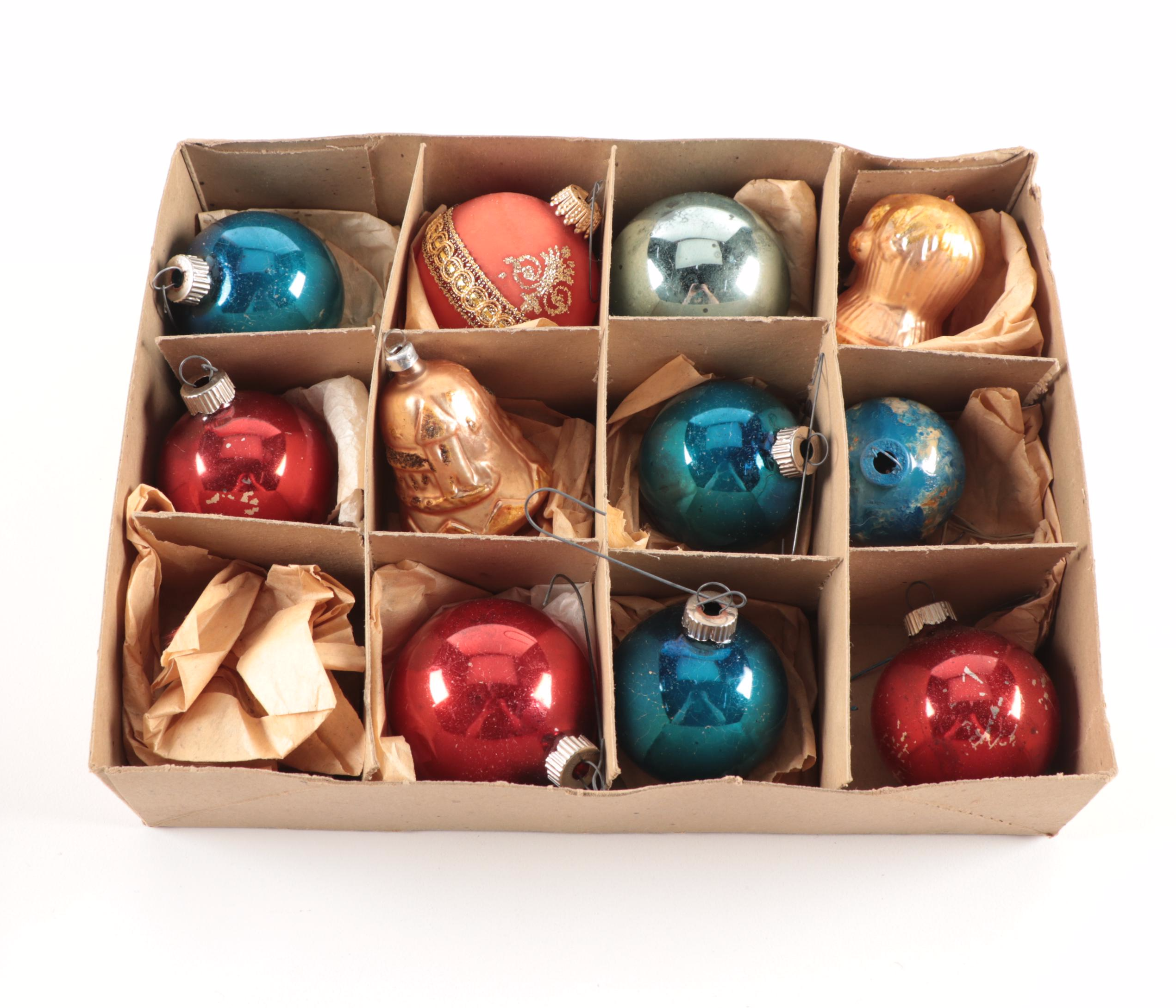 Shiny Brite and Krebs Hand-Painted Glass Christmas Ornaments, Mid-20th C.