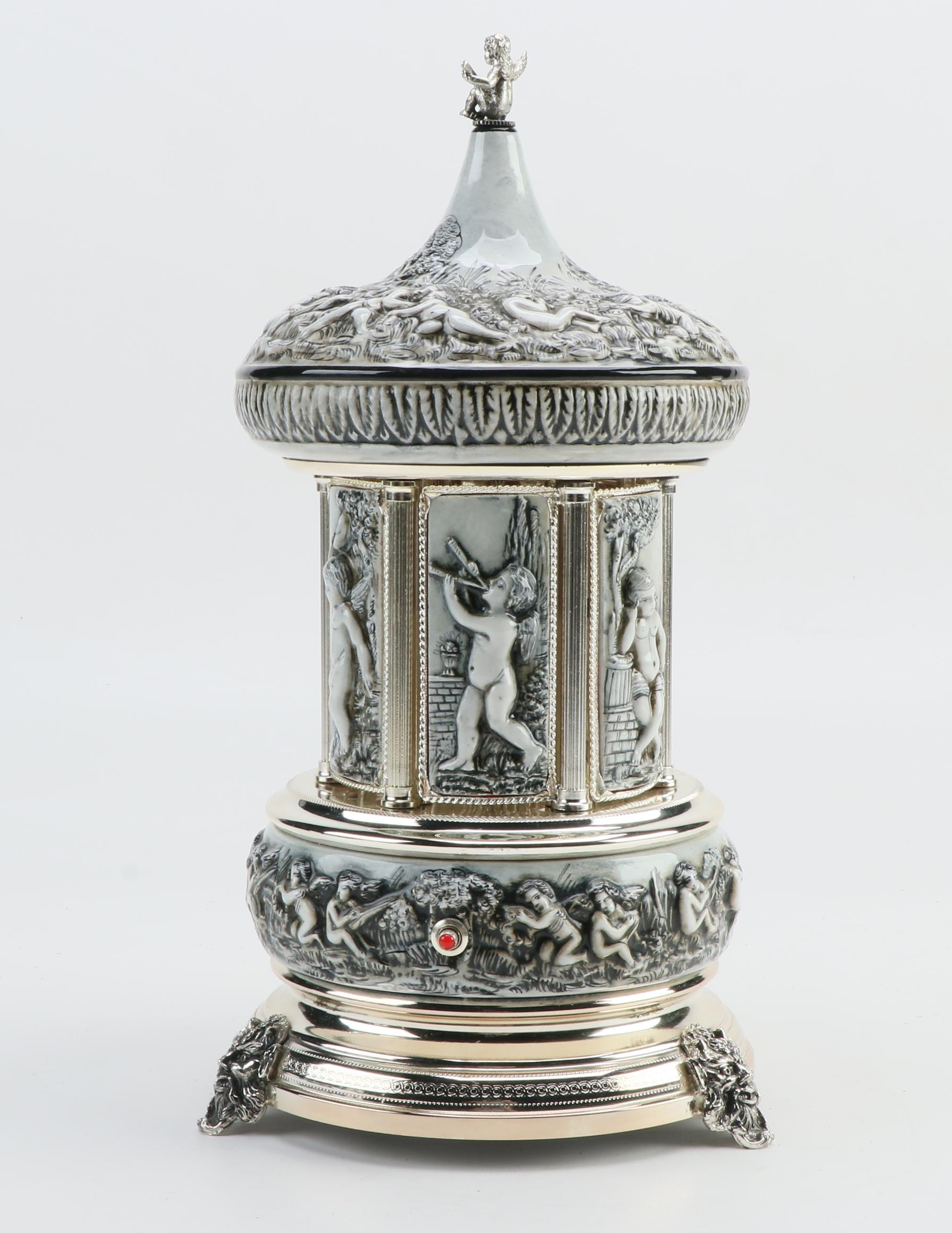 Reuge Swiss Ceramic Musical Lipstick or Cigarette Carousel, Late 20th Century