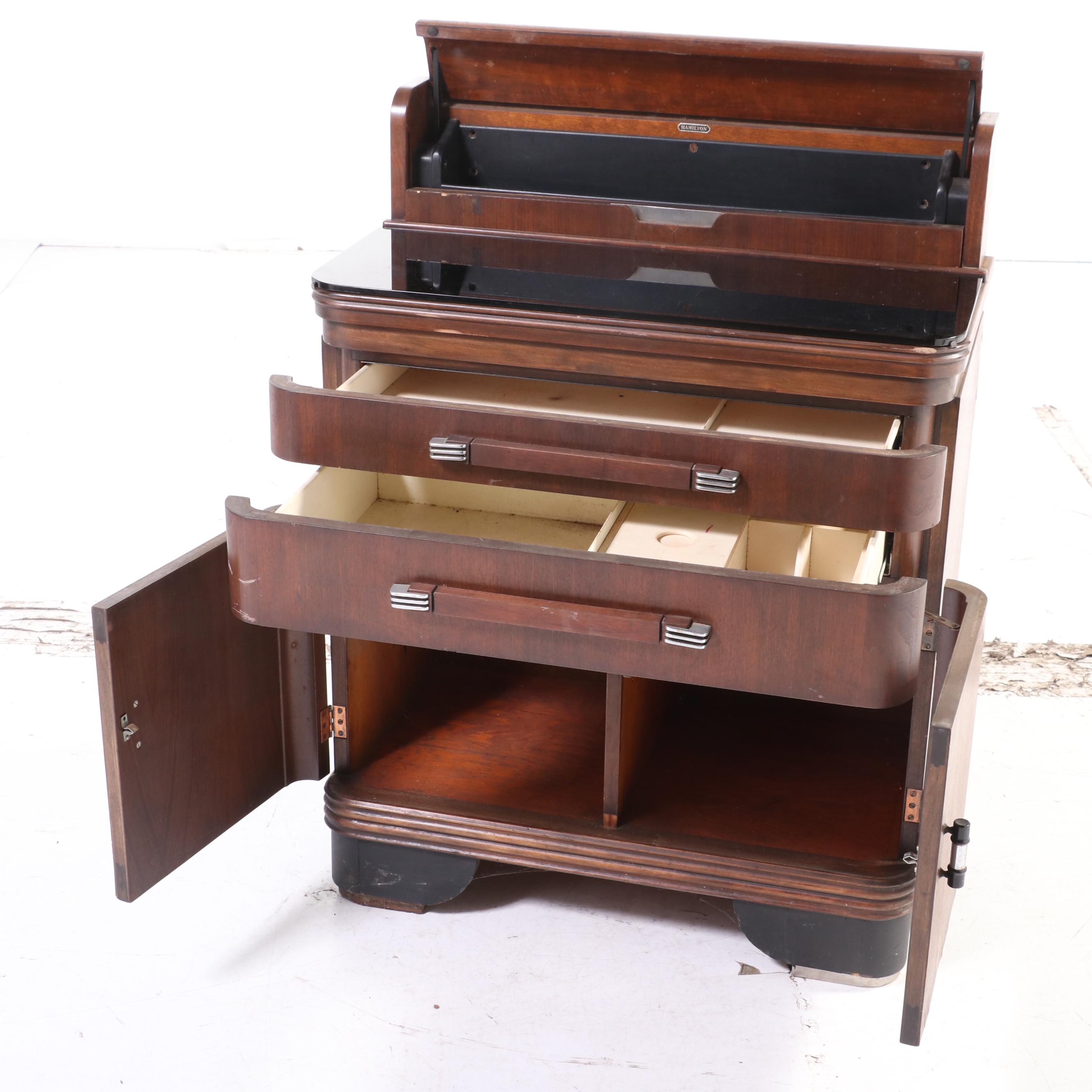 Donald Deskey for Hamilton Art Deco Walnut and Black Glass Dental Cabinet