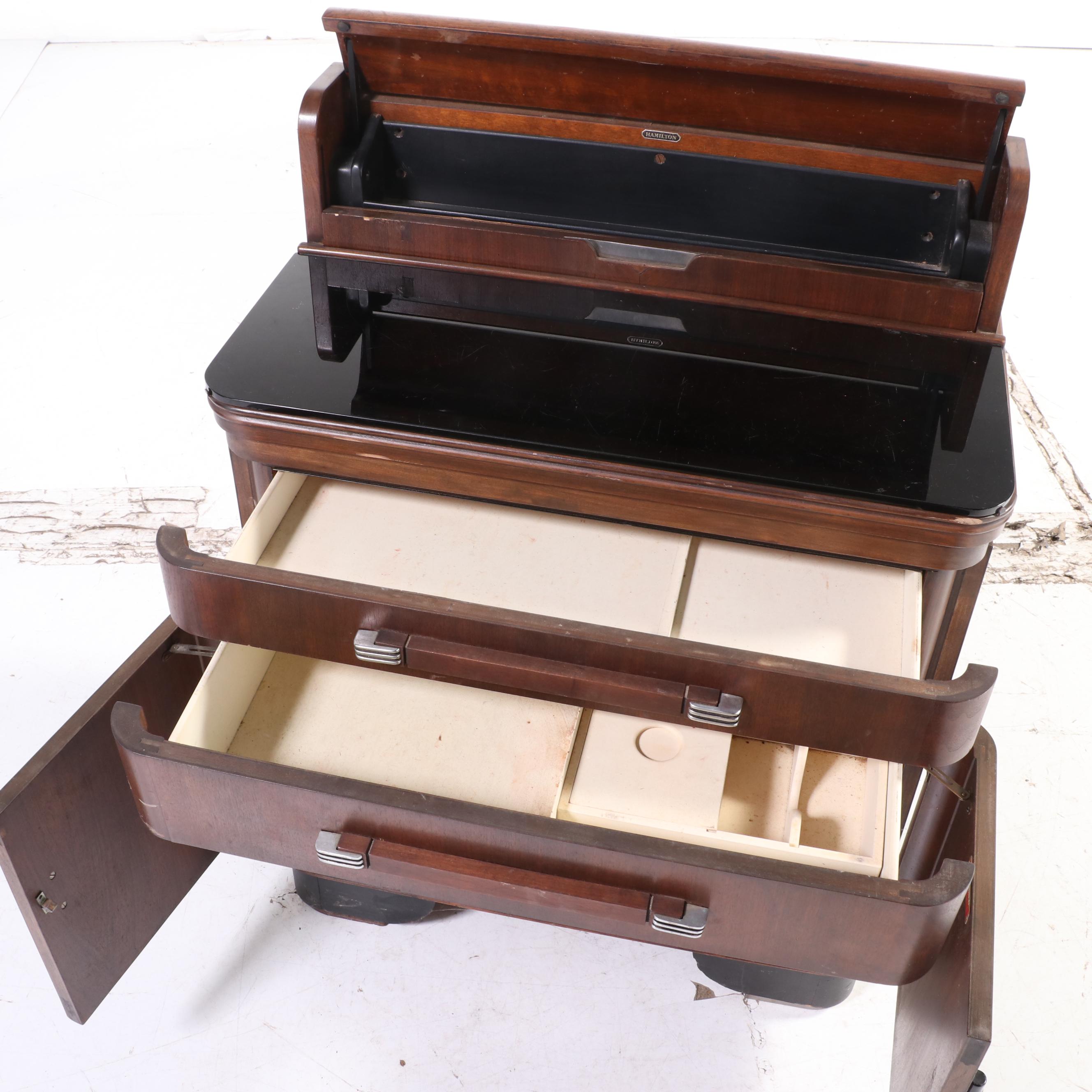 Donald Deskey for Hamilton Art Deco Walnut and Black Glass Dental Cabinet