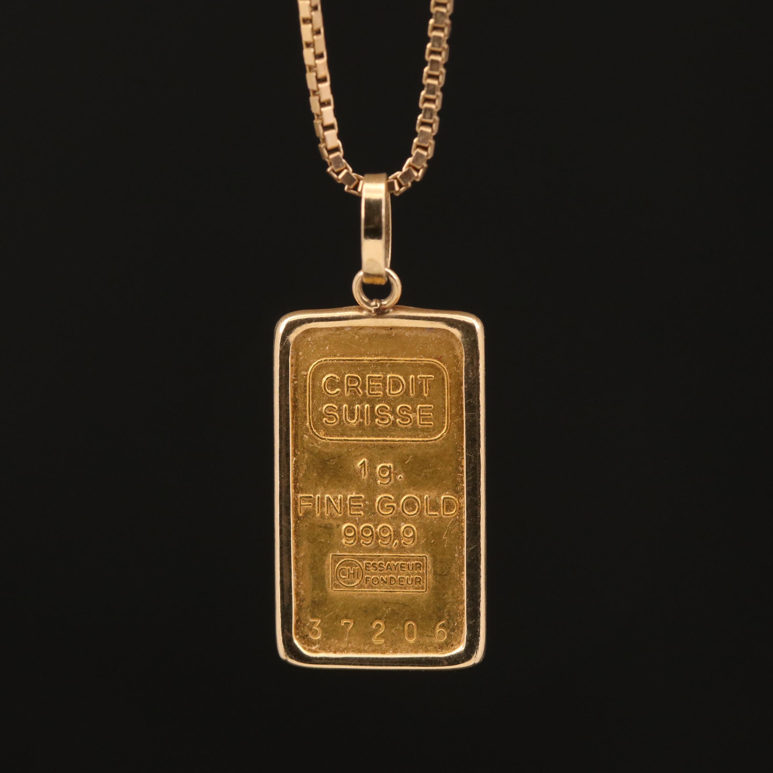 14K Necklace with Credit Suisse 1-gram Gold Ingot Pendant