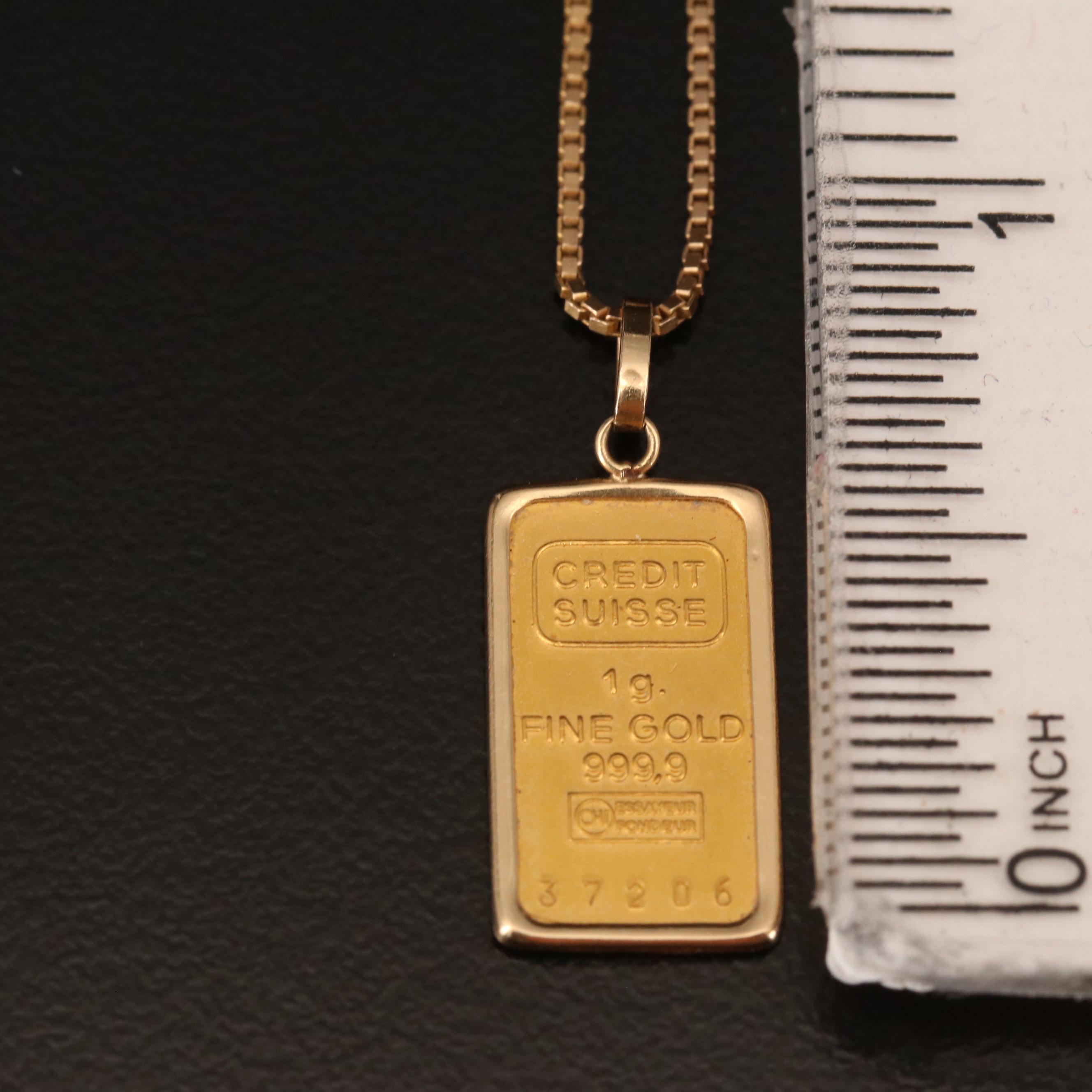 14K Necklace with Credit Suisse 1-gram Gold Ingot Pendant