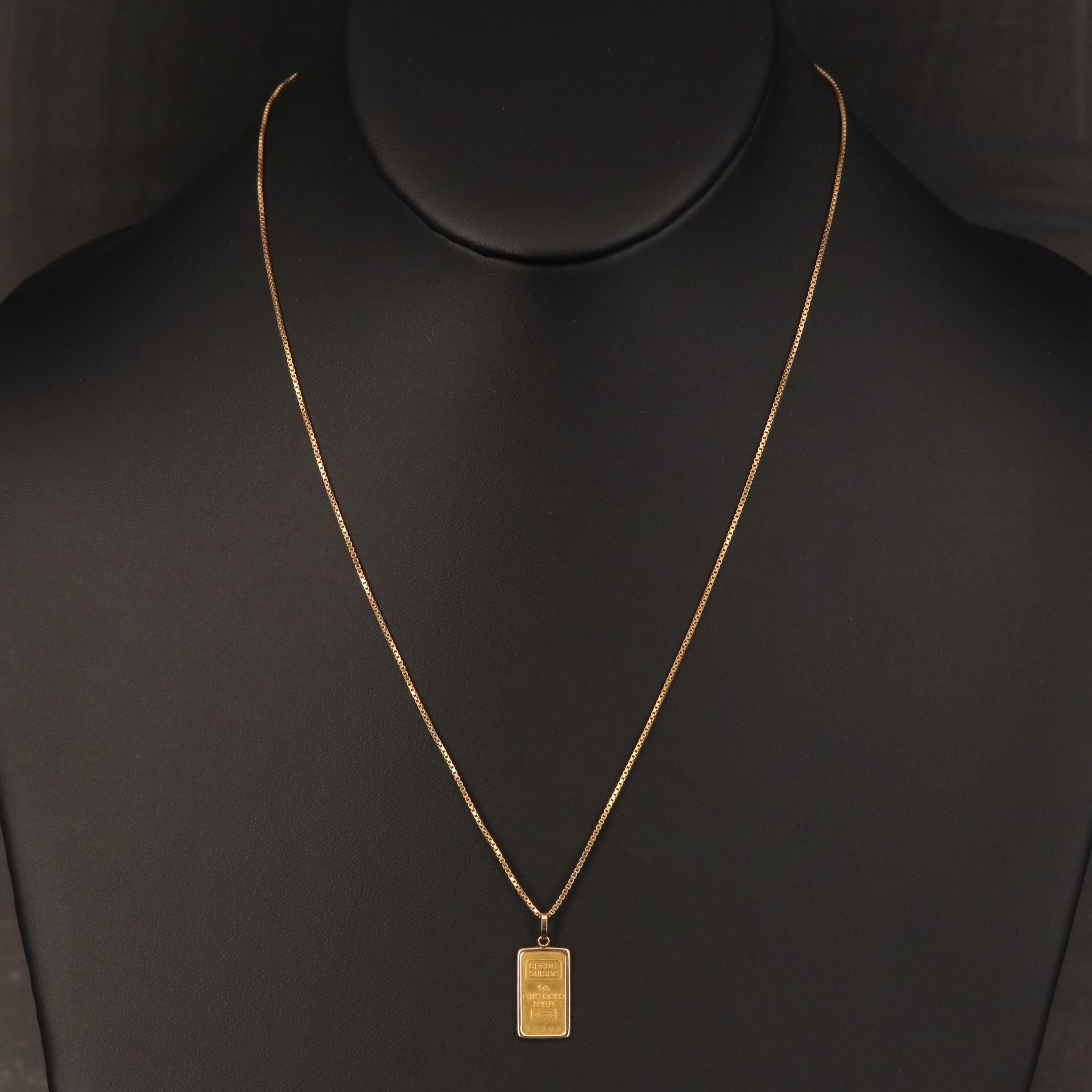 14K Necklace with Credit Suisse 1-gram Gold Ingot Pendant