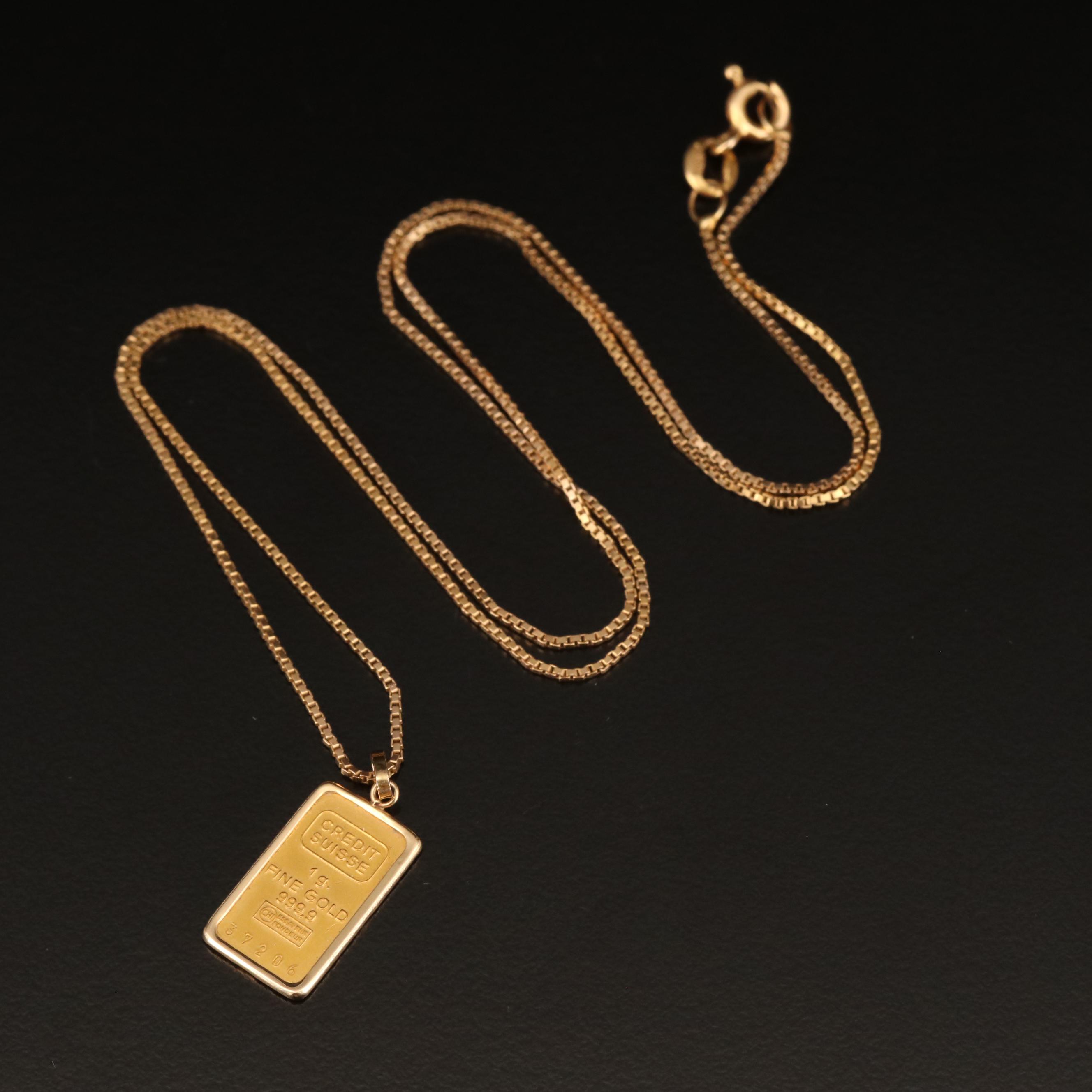 14K Necklace with Credit Suisse 1-gram Gold Ingot Pendant