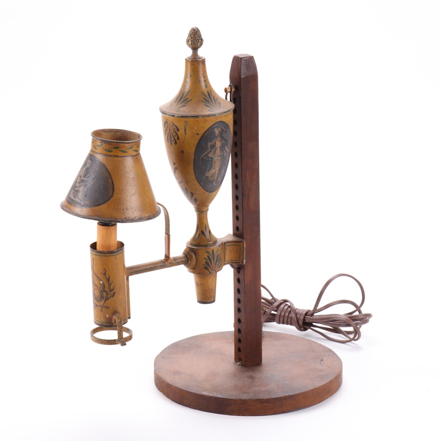 French Tole Table Lamp on Wood Stand, Mid-19th Century and Adapted
