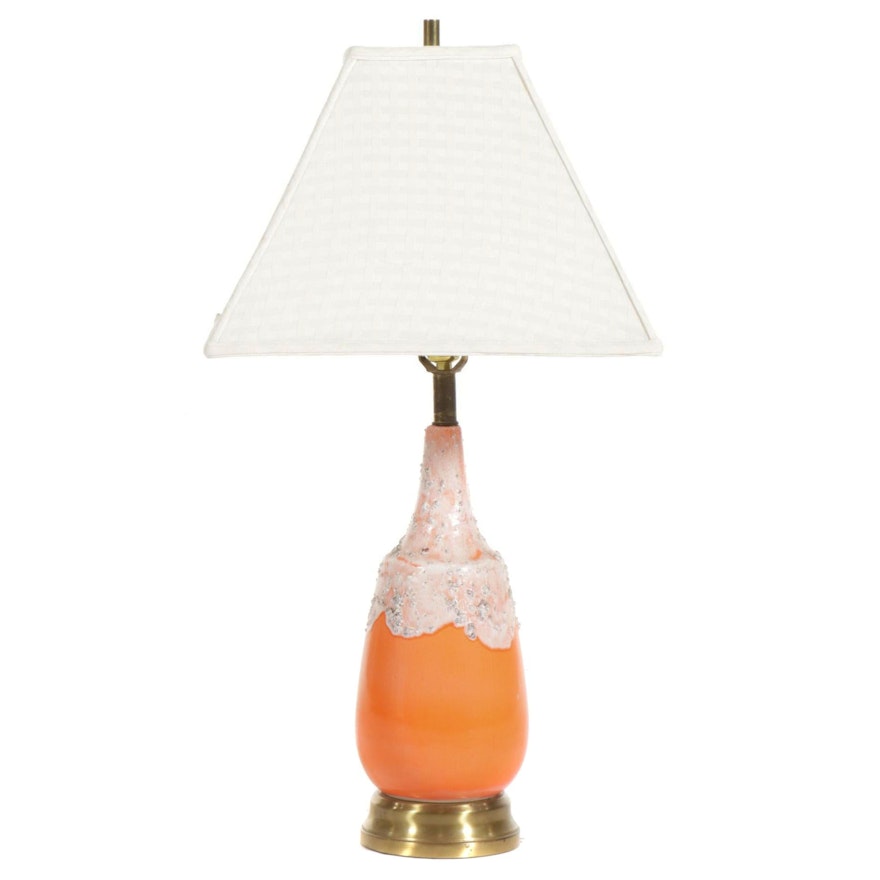 Mid-Century Modern Orange Ceramic Table Lamp with Textured White Drip Glaze