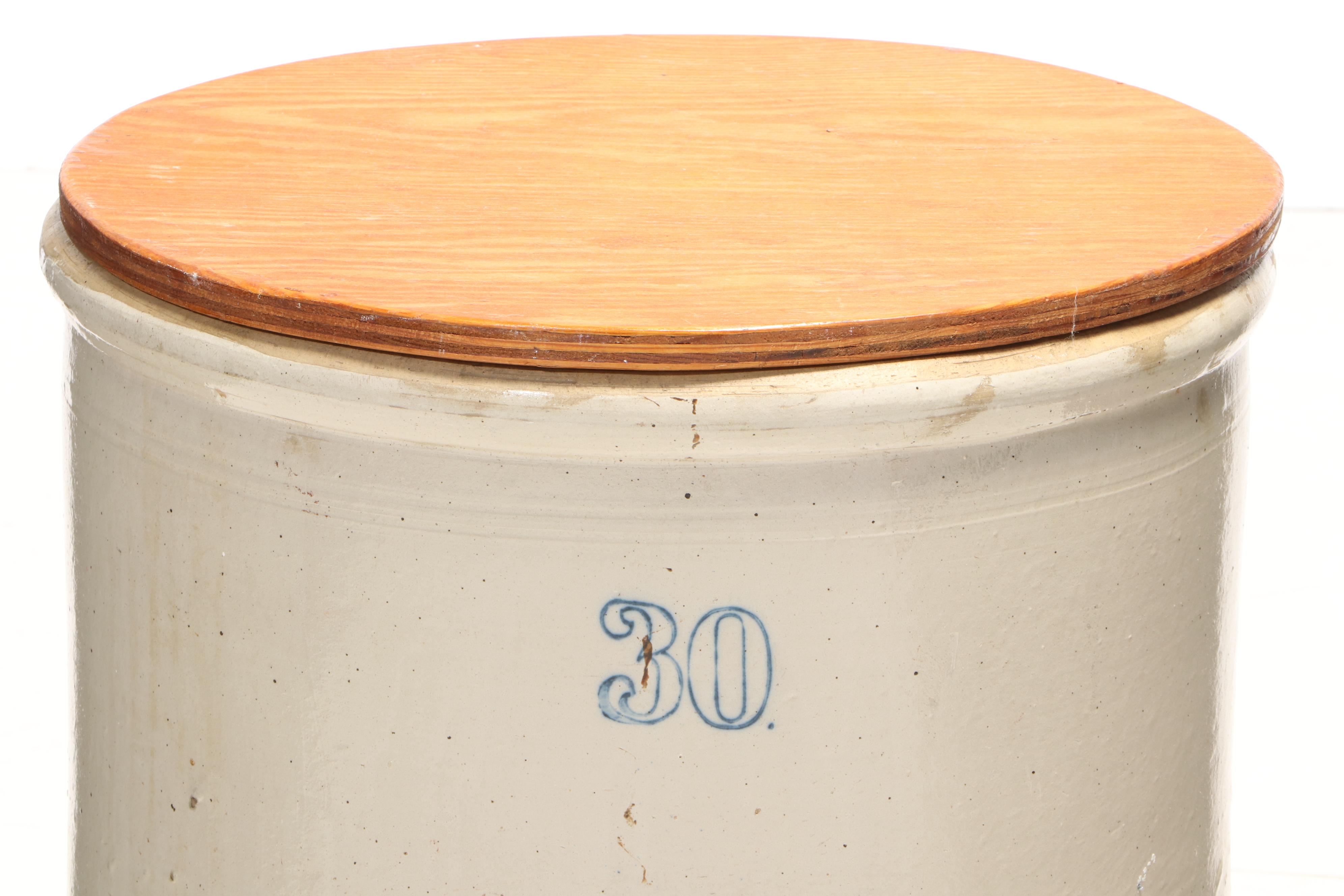 30-Gallon Salt Glazed Stoneware Crock with Lid, Early 20th Century