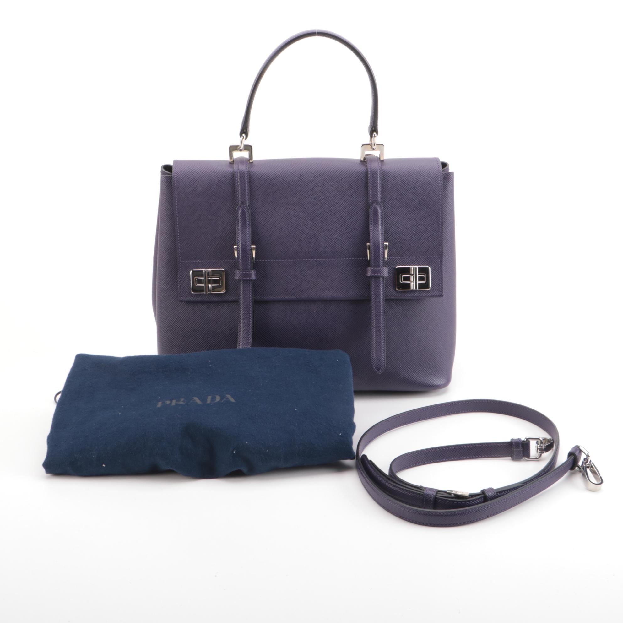 Prada Medium Half-Flap Satchel Bag in Purple Saffiano Leather