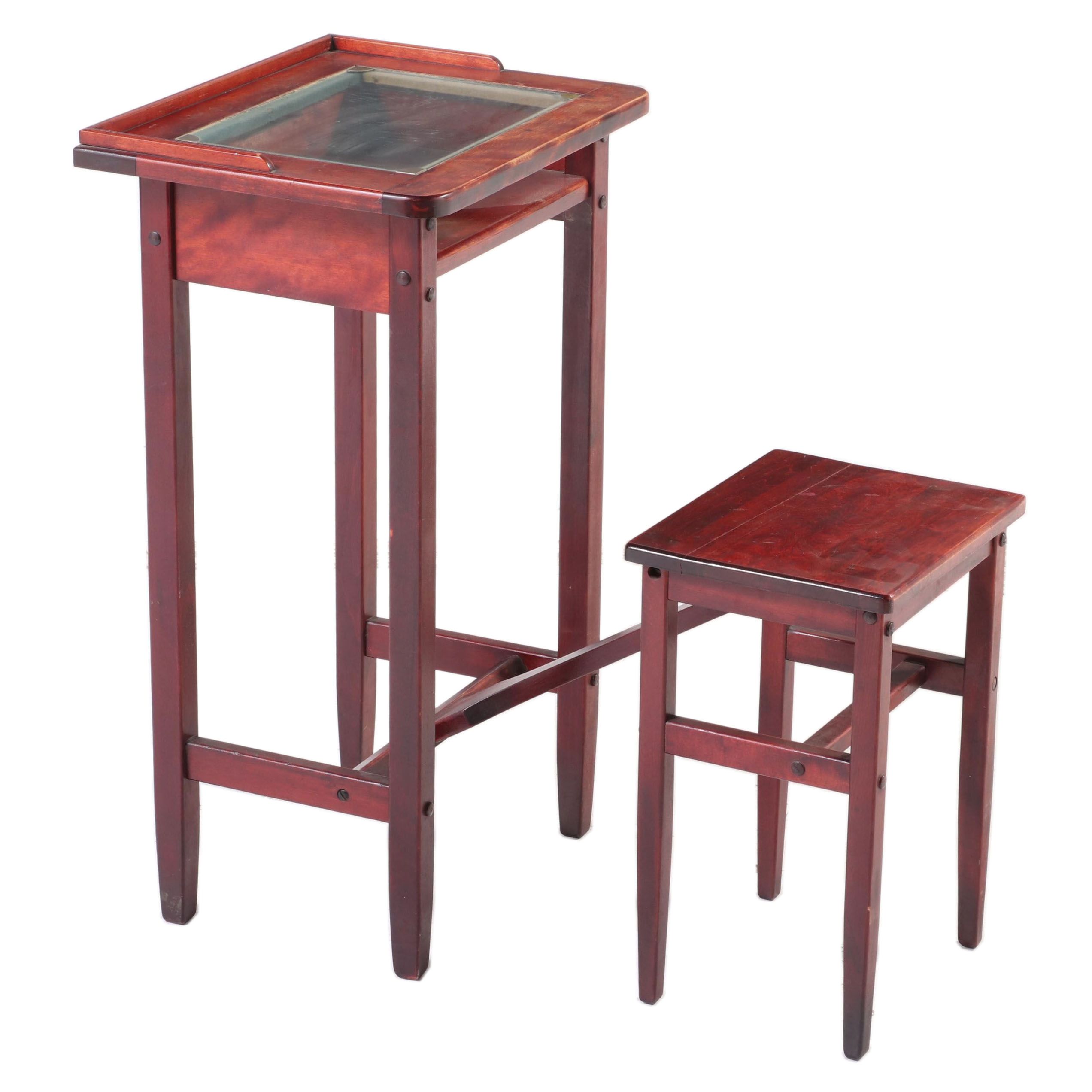 H.T. Cushman Mfg. Co. "Betumal" Birch and Glass Top Telephone Table with Stool