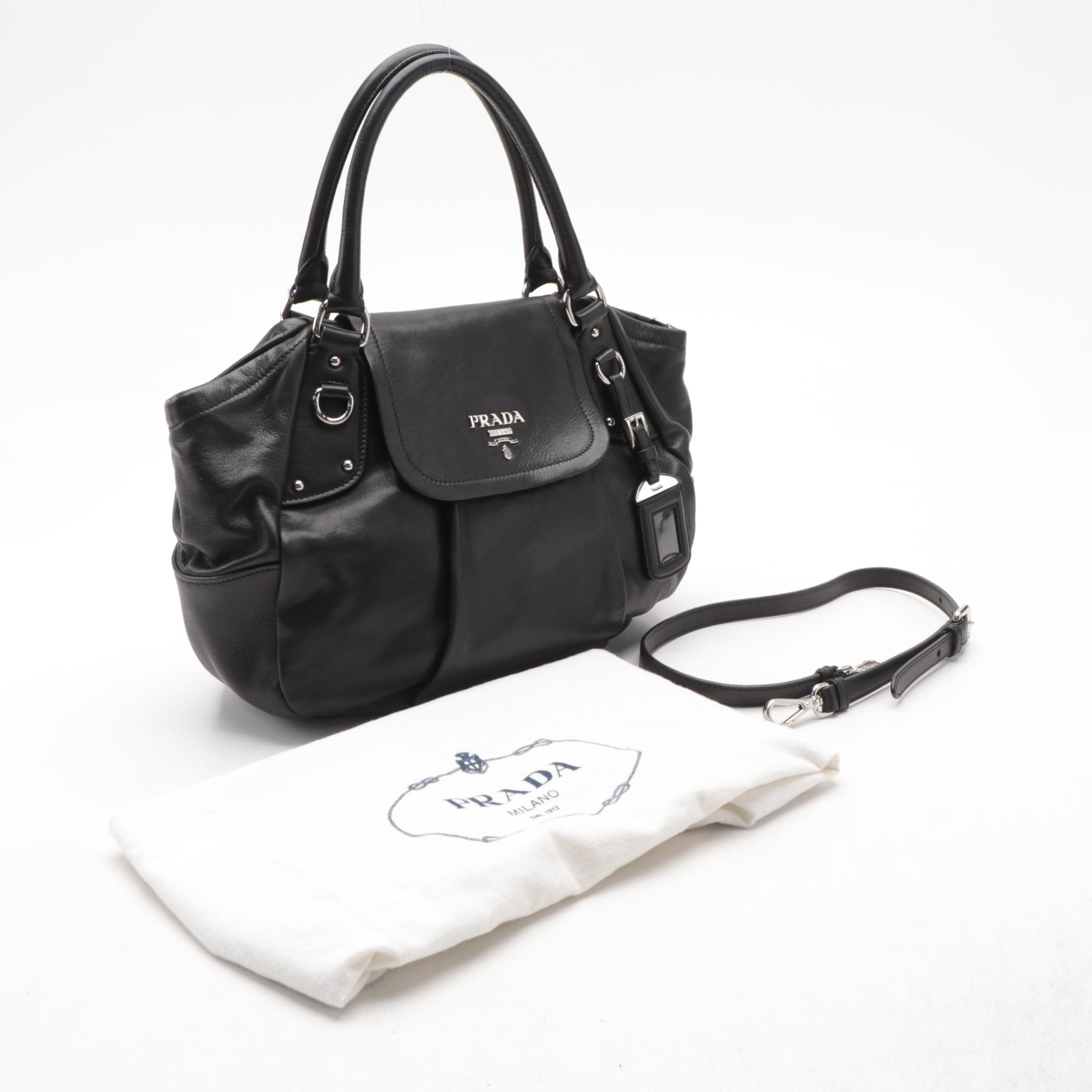 Prada Pleated Two-Way Shoulder Bag in Black Soft Calfskin Leather