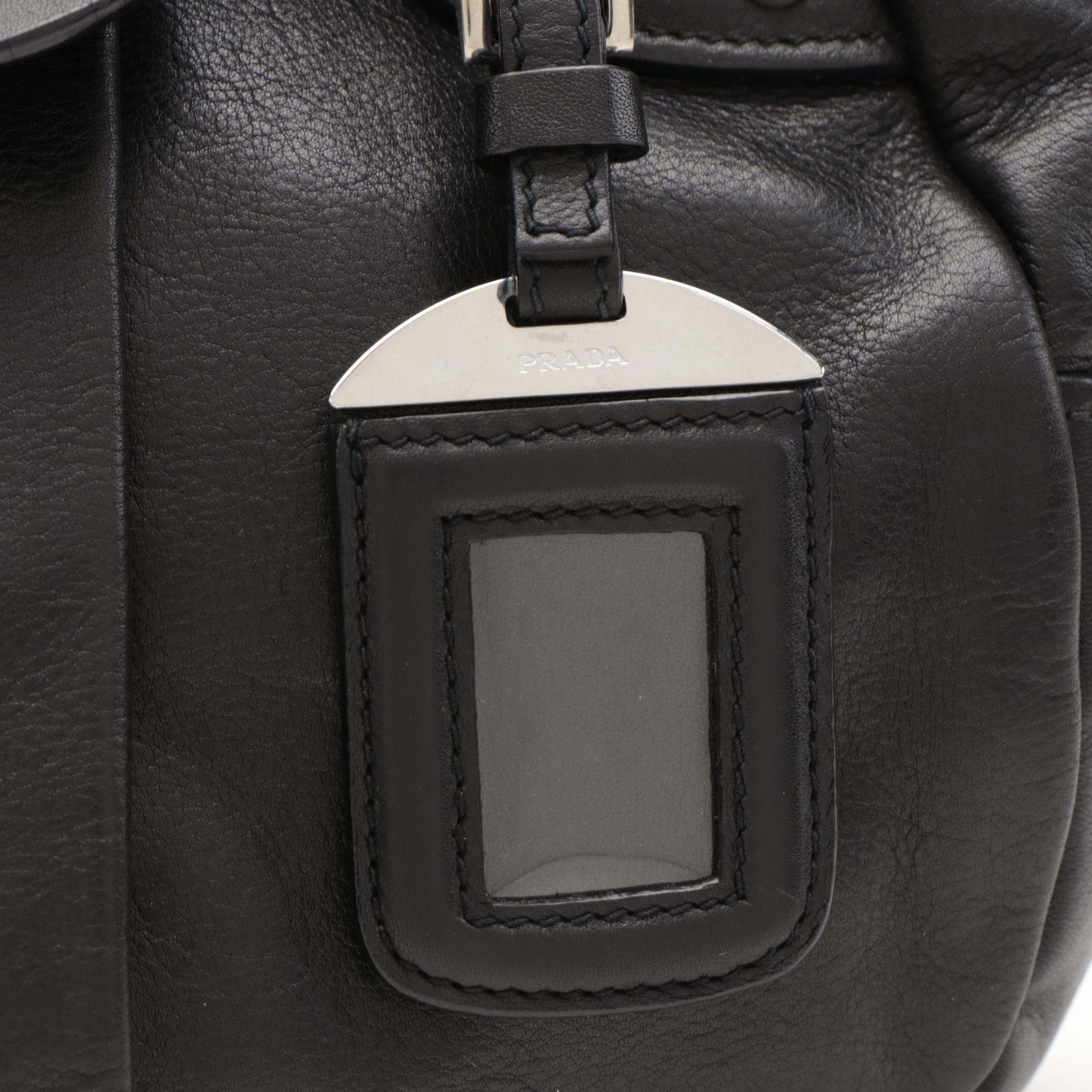 Prada Pleated Two-Way Shoulder Bag in Black Soft Calfskin Leather