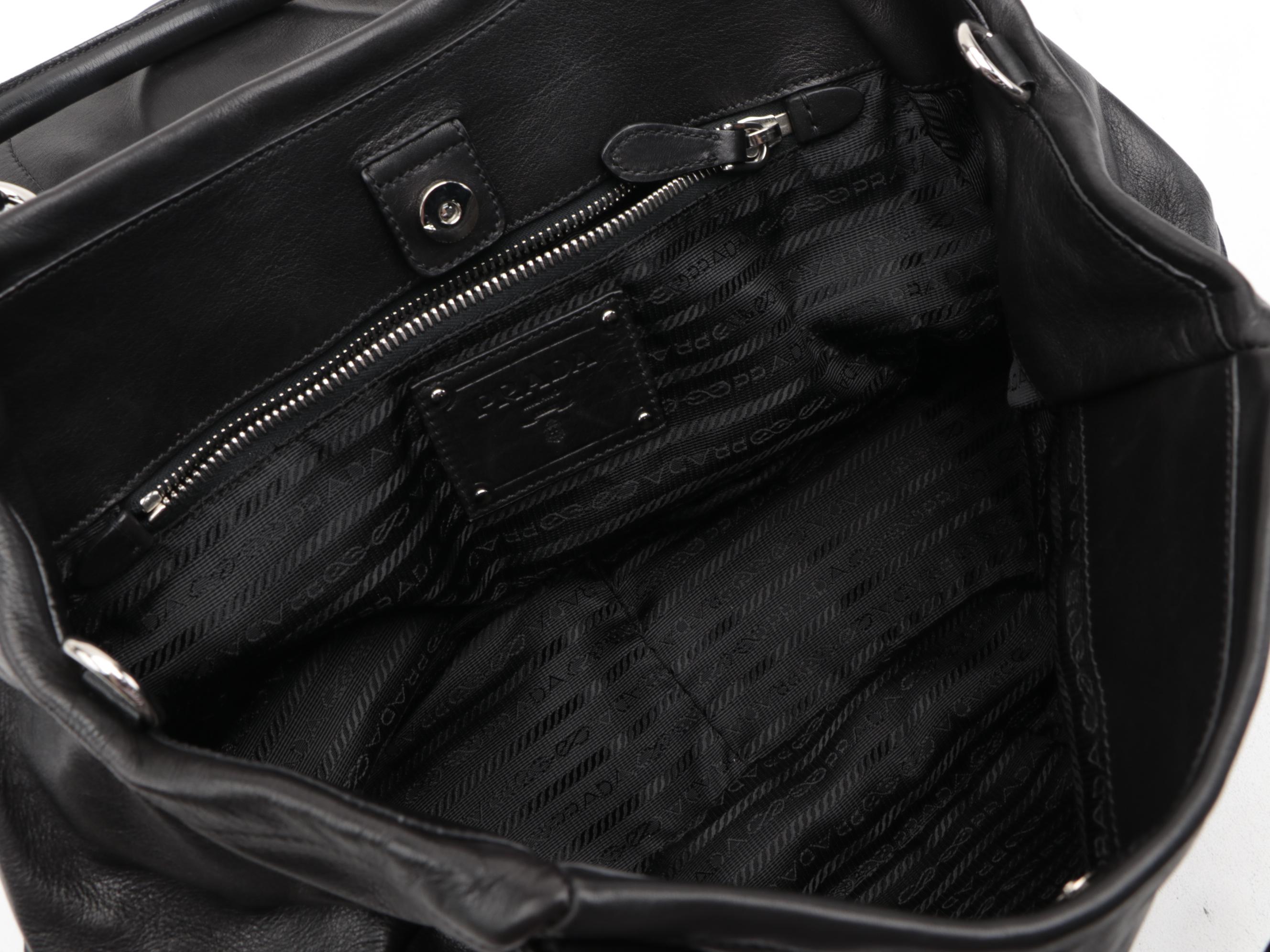 Prada Pleated Two-Way Shoulder Bag in Black Soft Calfskin Leather