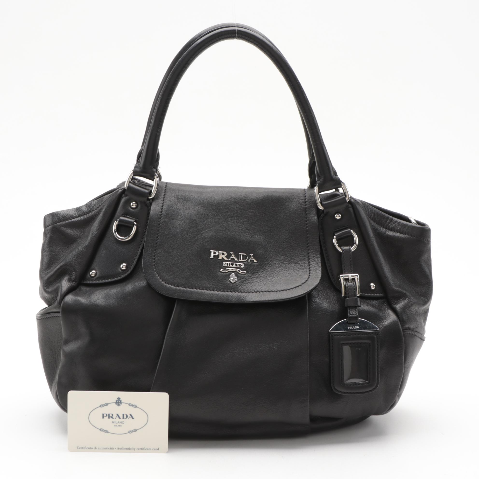 Prada Pleated Two-Way Shoulder Bag in Black Soft Calfskin Leather