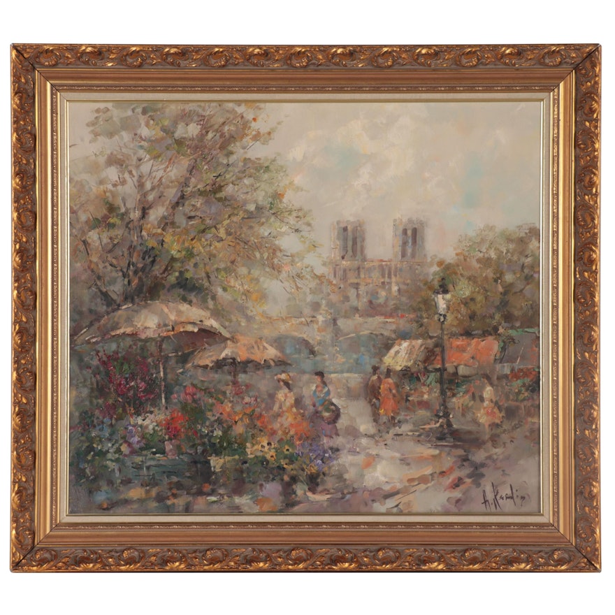 Alexander Kardin Notre Dame Parisian Street Scene Oil Painting