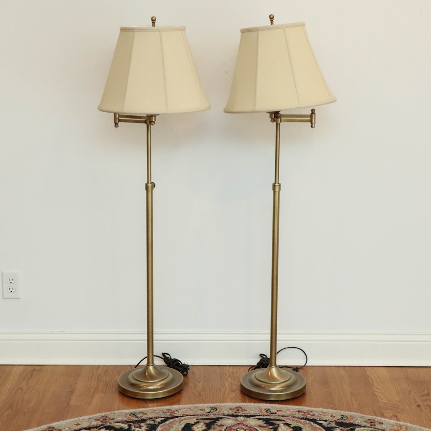 Pair of Satin Brass Swing Arm Floor Lamps, Contemporary