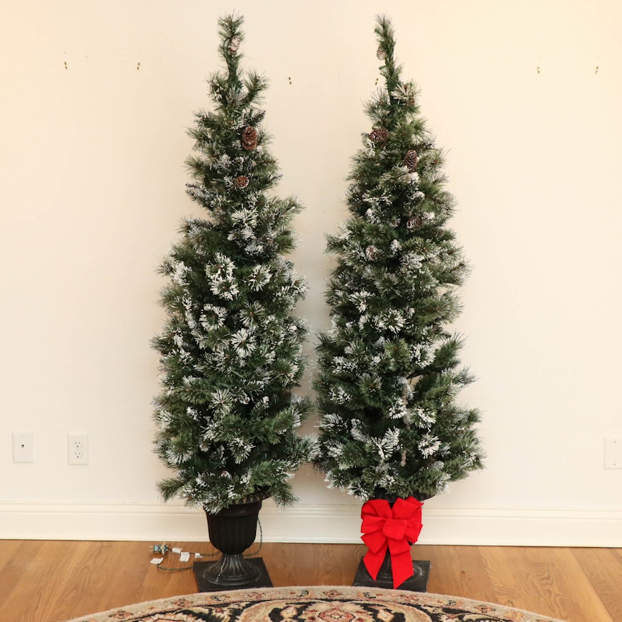 6' Flocked Pine Pre-Lit Christmas Trees in Resin Urns