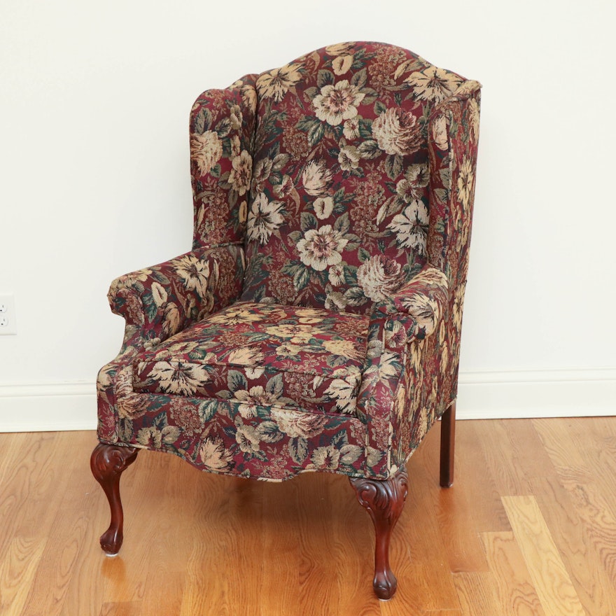 Rowe Floral Upholstered Wingback Chair on Ball and Claw Mahogany Feet