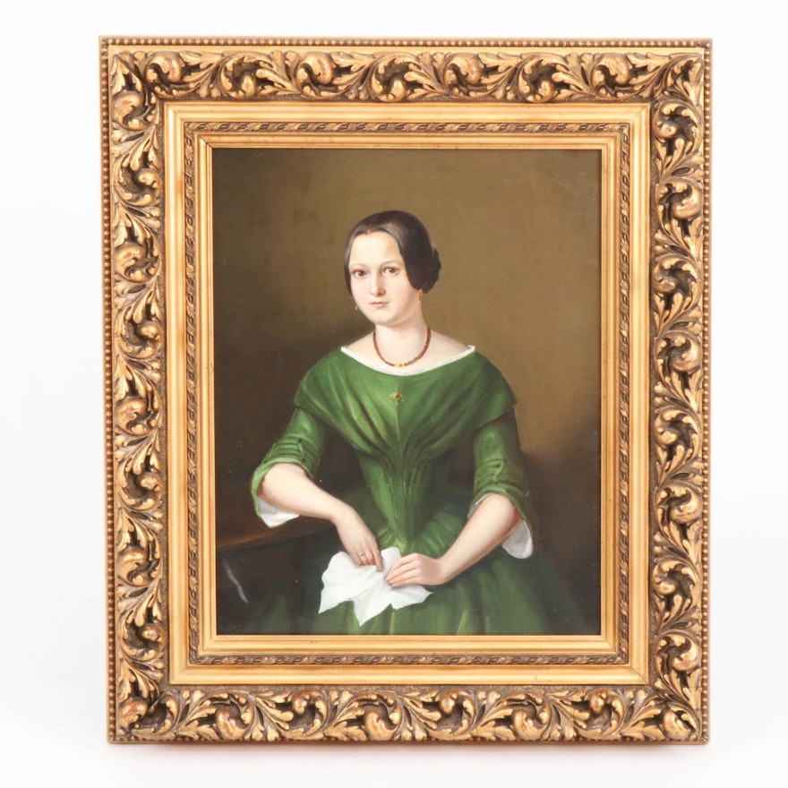 Oil Portrait of a Lady in Green Dress, Late 19th Century