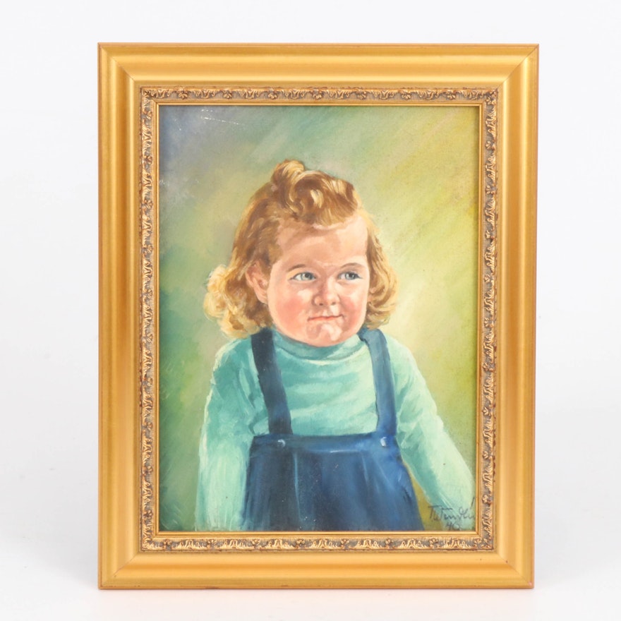 Oil Portrait of Young Girl in Blue Overalls, 1940