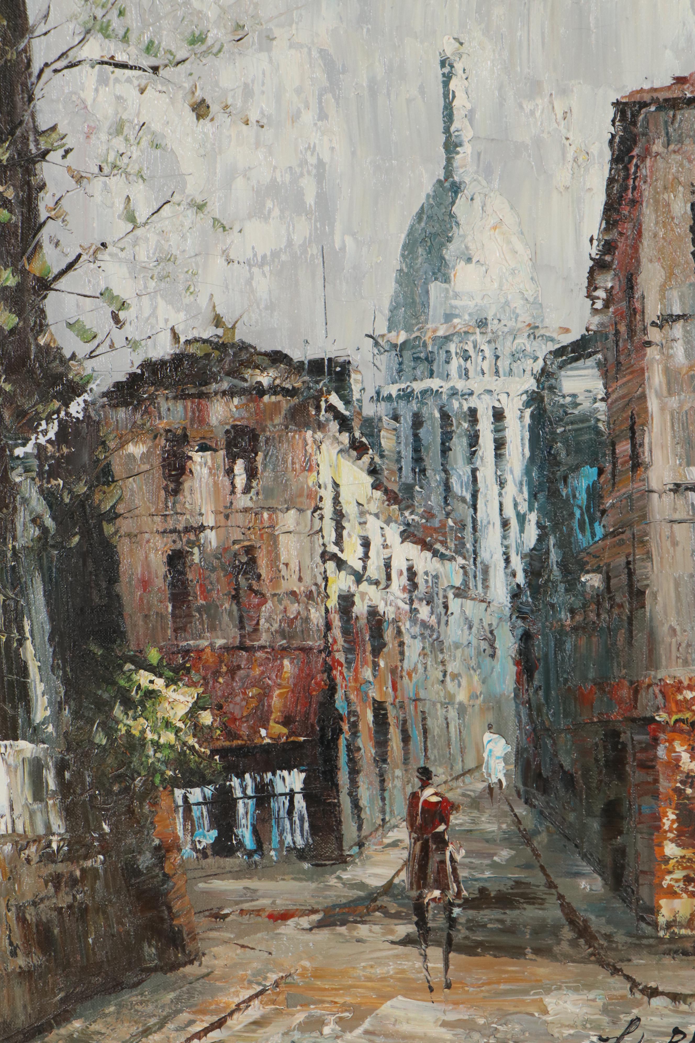 L. Basset Impasto Cityscape Oil Painting of Street Scene, Late 20th Century