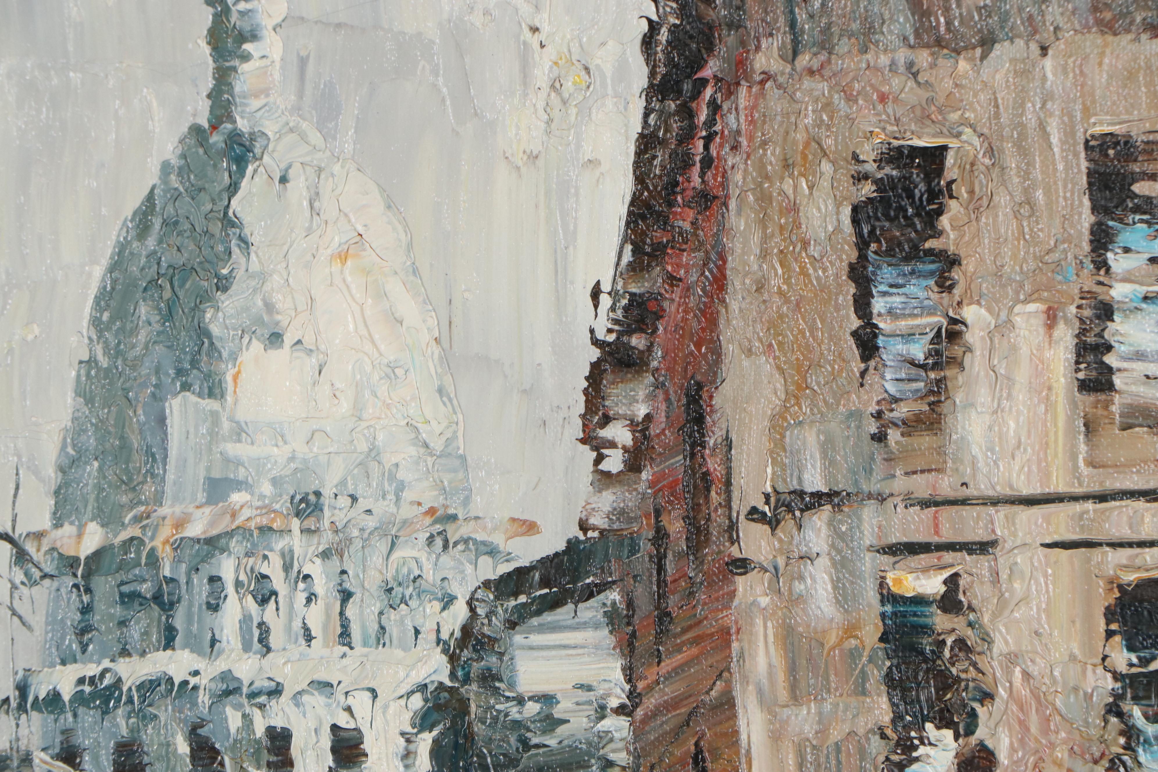 L. Basset Impasto Cityscape Oil Painting of Street Scene, Late 20th Century