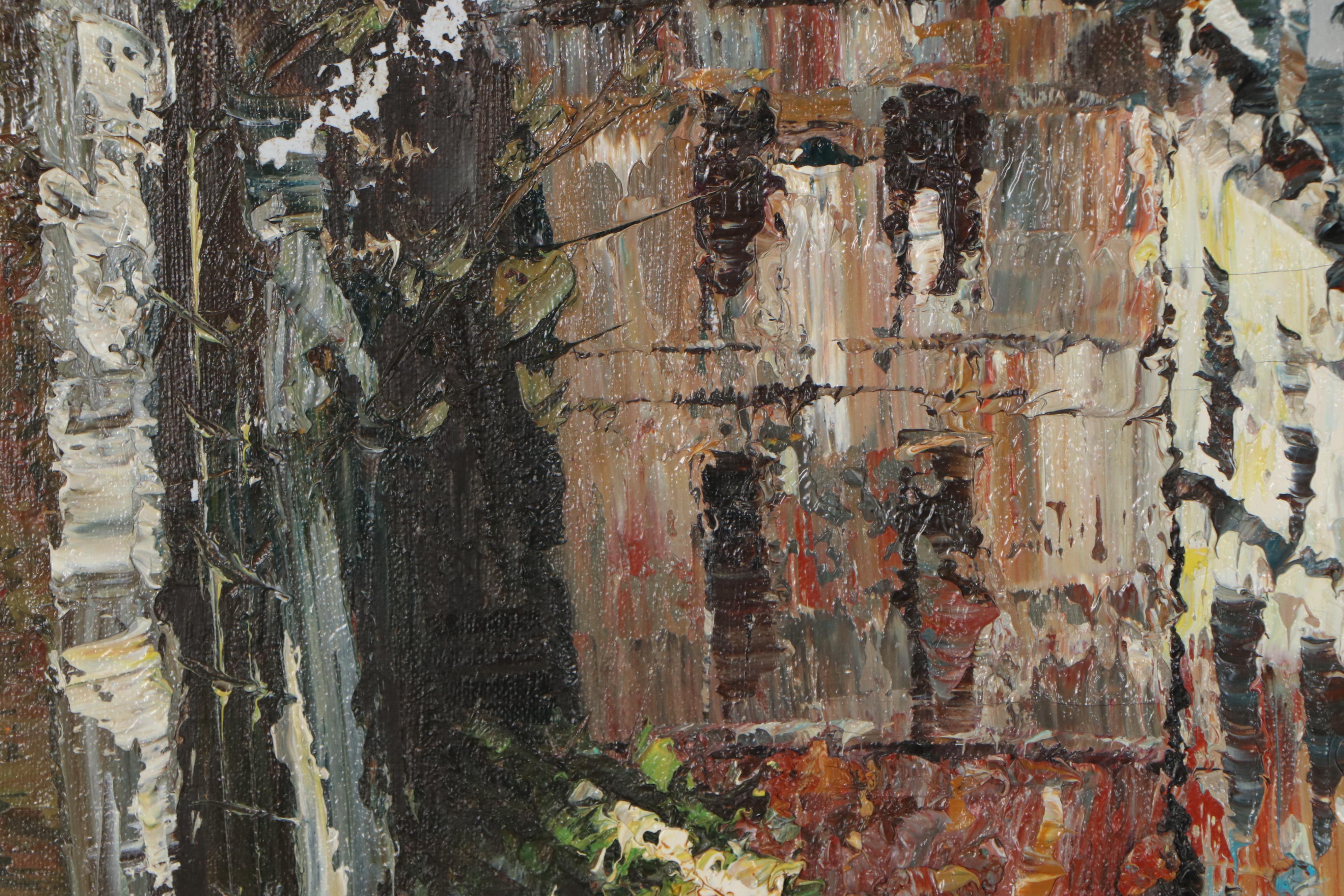 L. Basset Impasto Cityscape Oil Painting of Street Scene, Late 20th Century