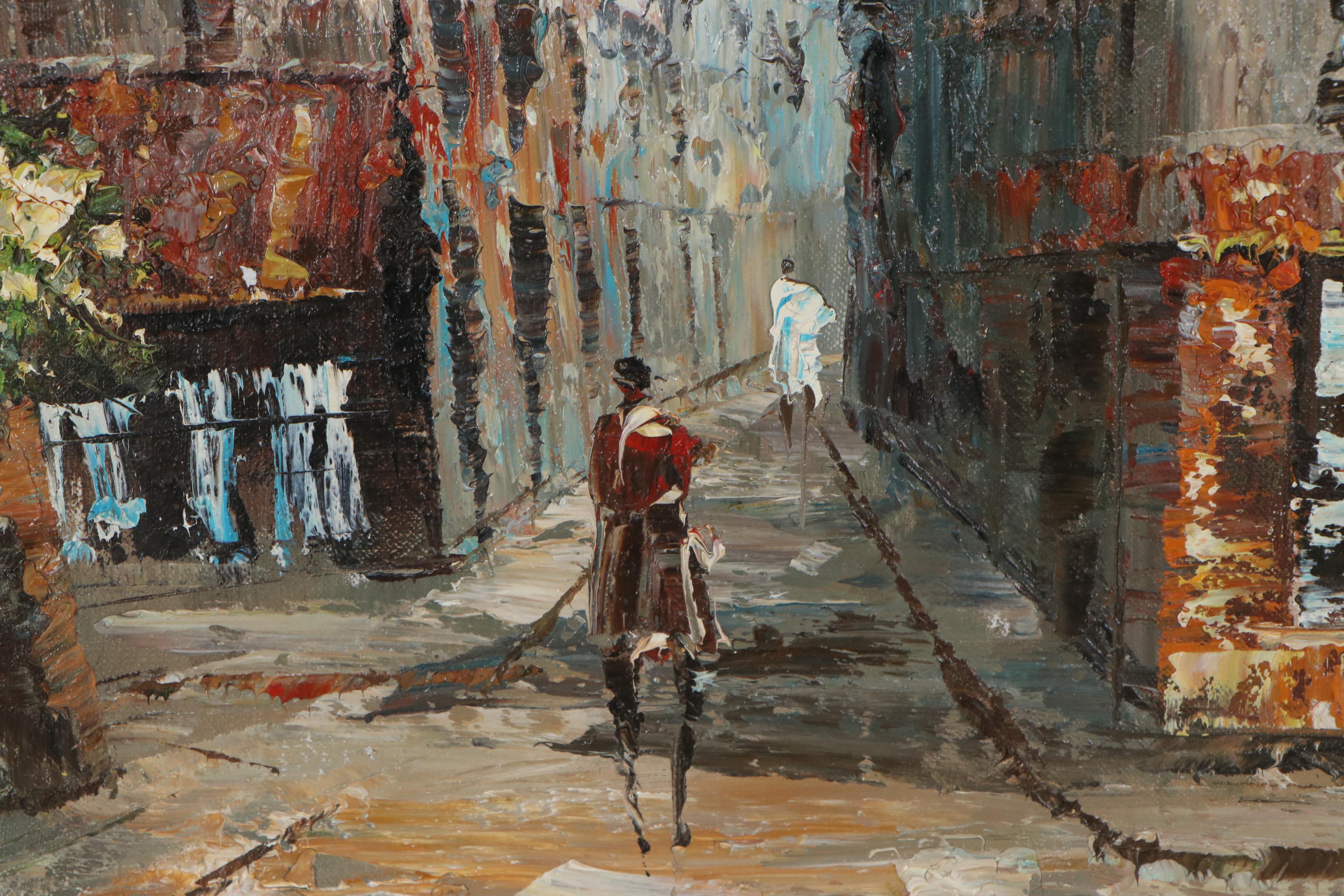 L. Basset Impasto Cityscape Oil Painting of Street Scene, Late 20th Century