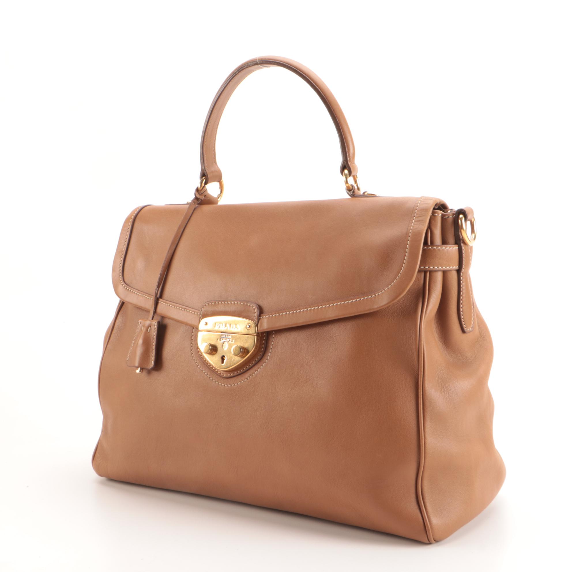 Prada Convertible Pushlock Satchel Shoulder Bag in Tan Leather